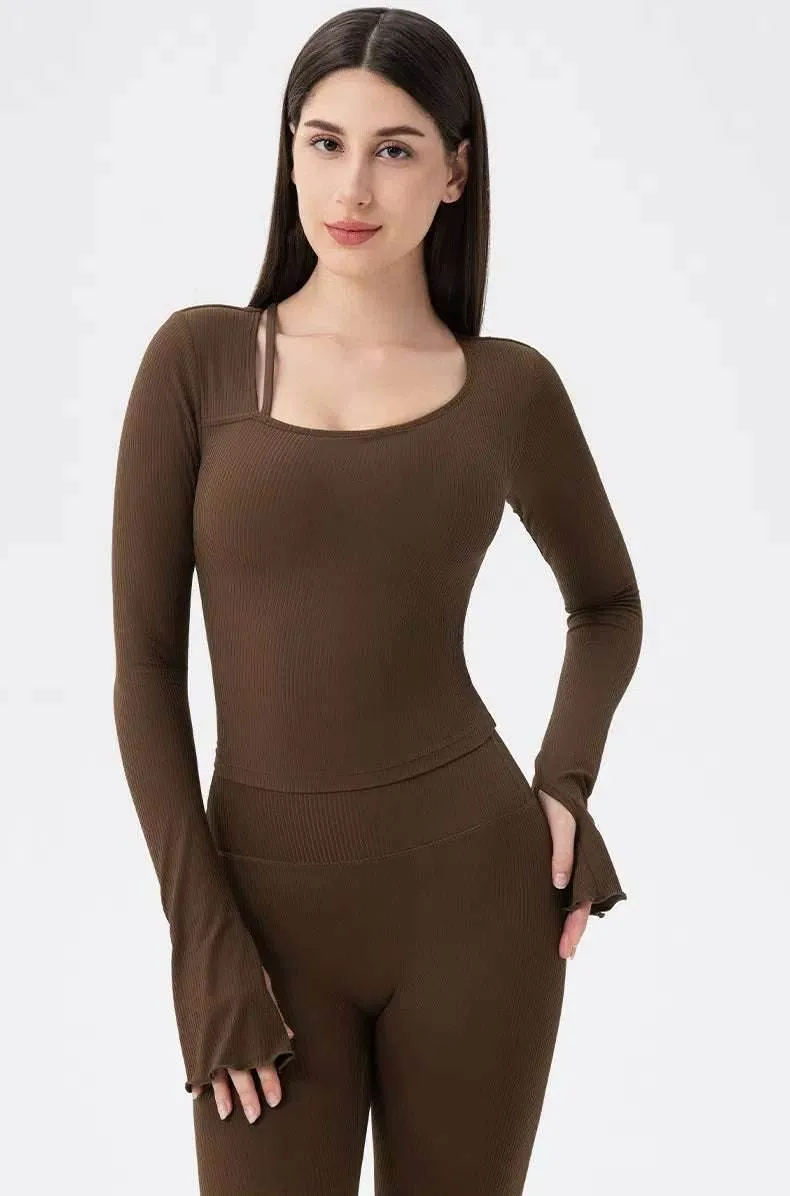 Long Sleeves Ribbed Yoga T-Shirt Lightweight insulation Summer Outfit