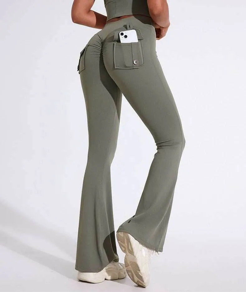 High Waist Yoga Flared Pant With Tooling Pocket HighDurabilityClothing TearResistant Material