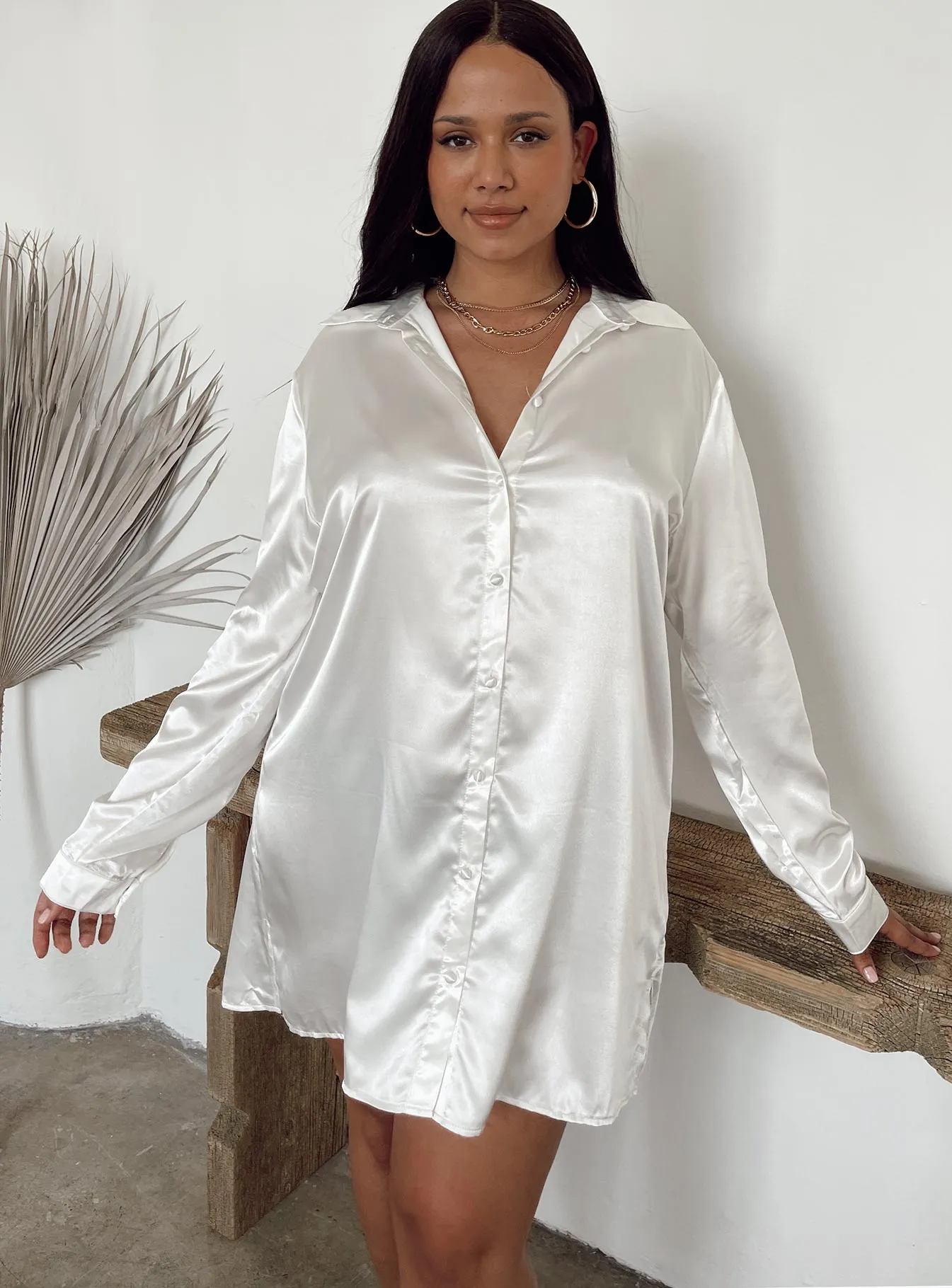 90210 Satin Shirt Mini Dress White Curve Summer Outfit Button Accent