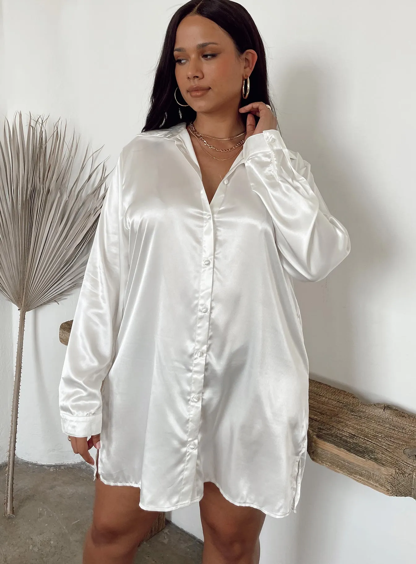 90210 Satin Shirt Mini Dress White Curve Walk Easy Bold Cut