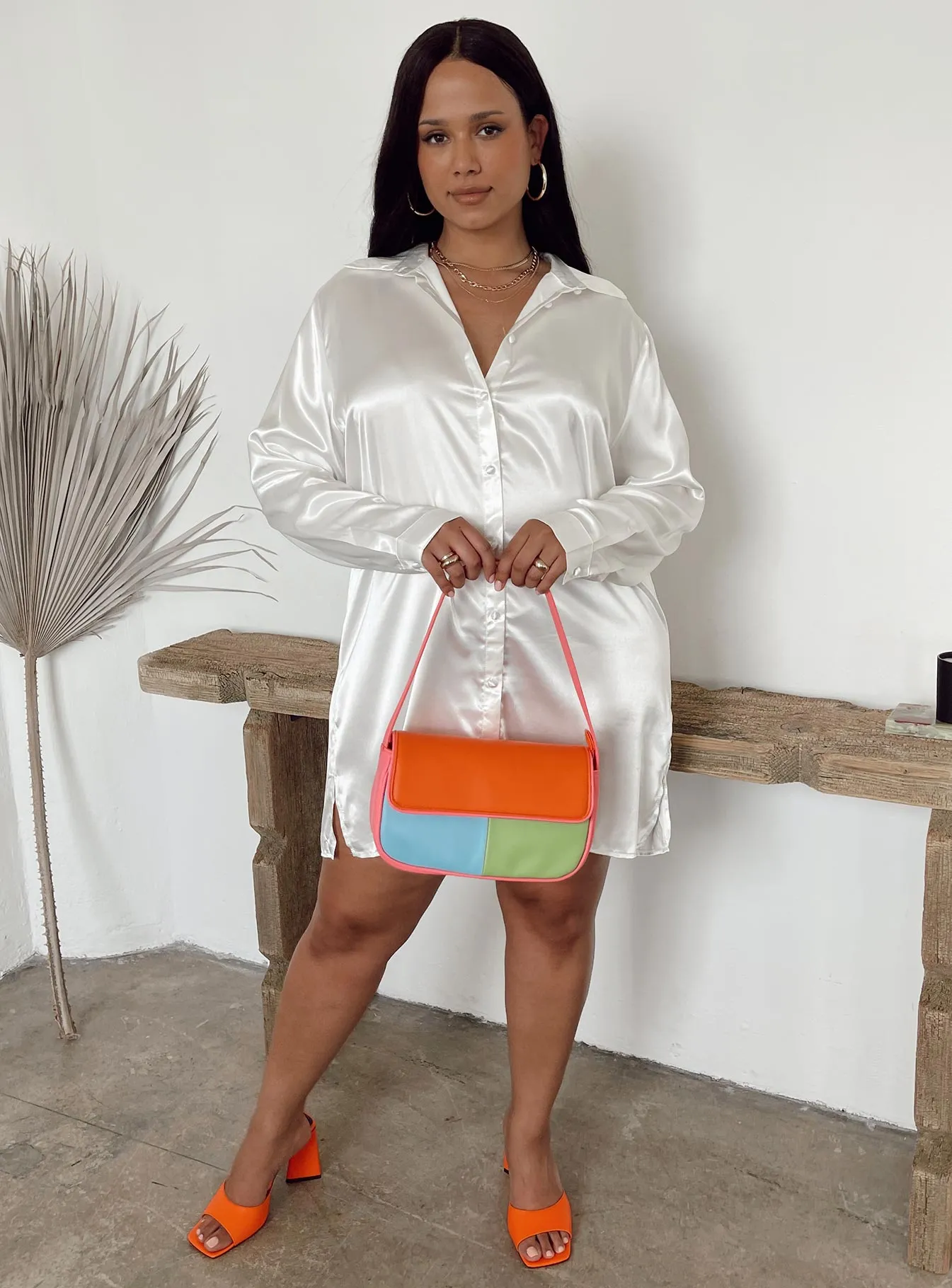 Convertible-Style Chilly Wear 90210 Satin Shirt Mini Dress White Curve