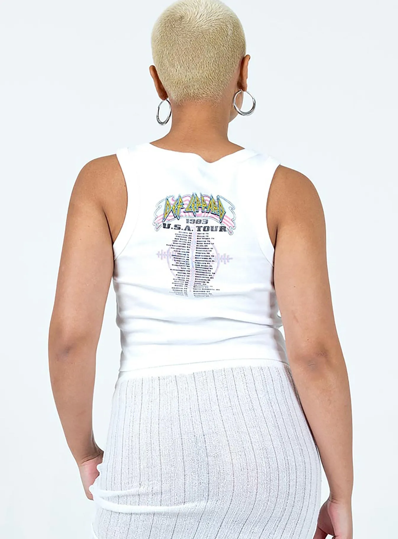 Def Leppard USA 1983 Tour Cropped Tank White Circular Knit Design