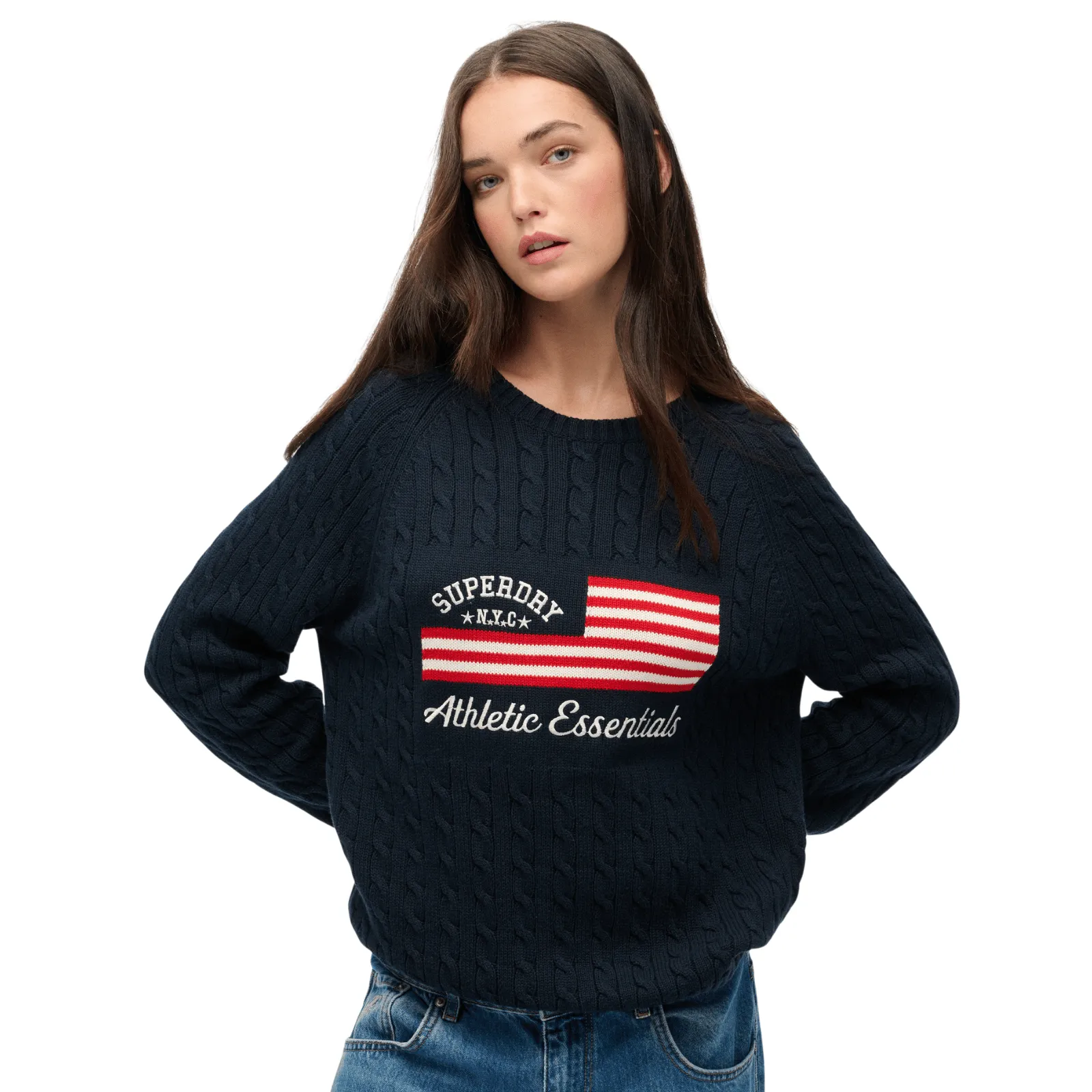 Daily Use product loop stability Superdry Womens Slouchy Cable Flag Knitwear Jumper