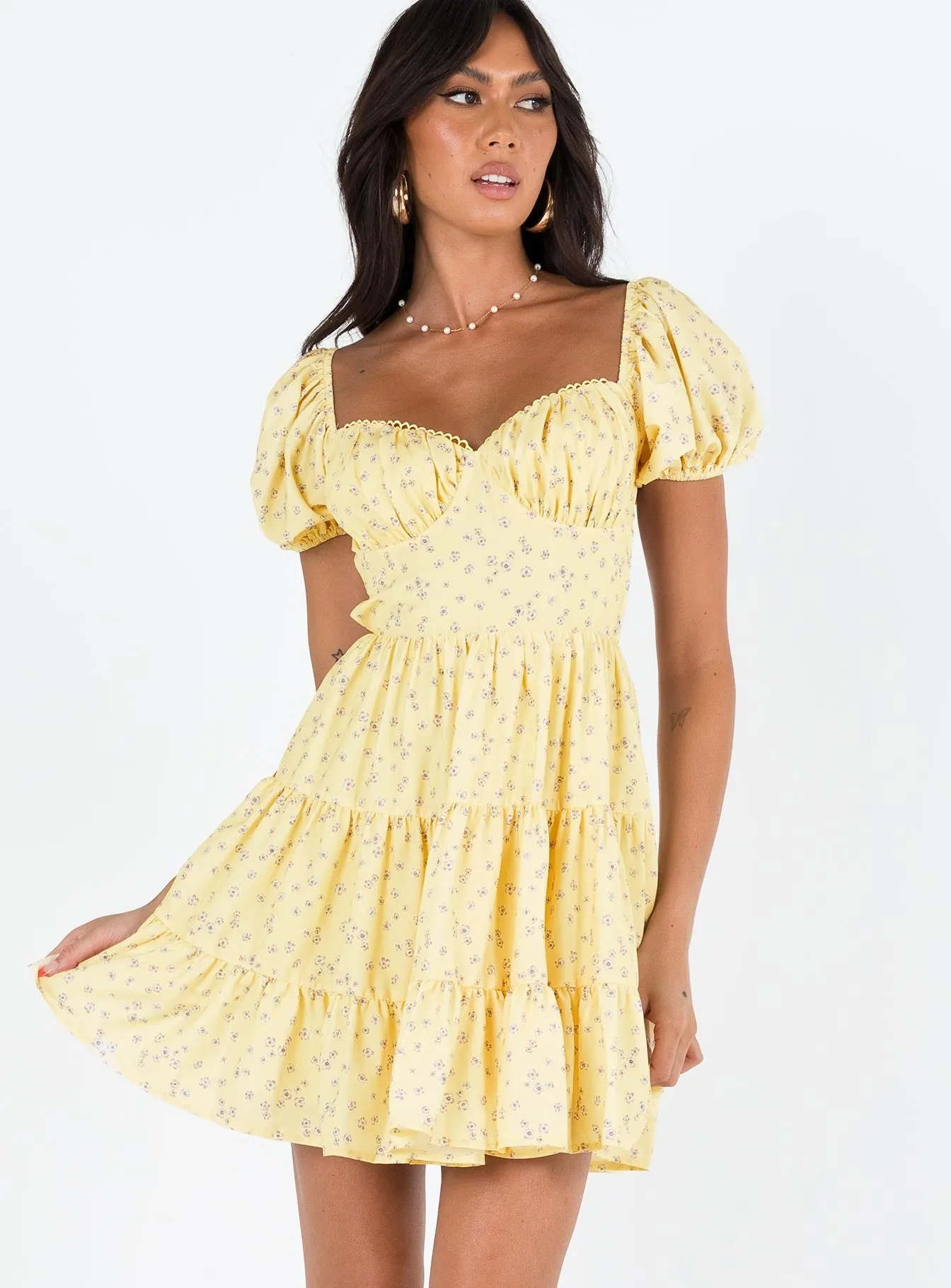 Curvy Glam Adjustable-Straps Danny Mini Dress Yellow Floral