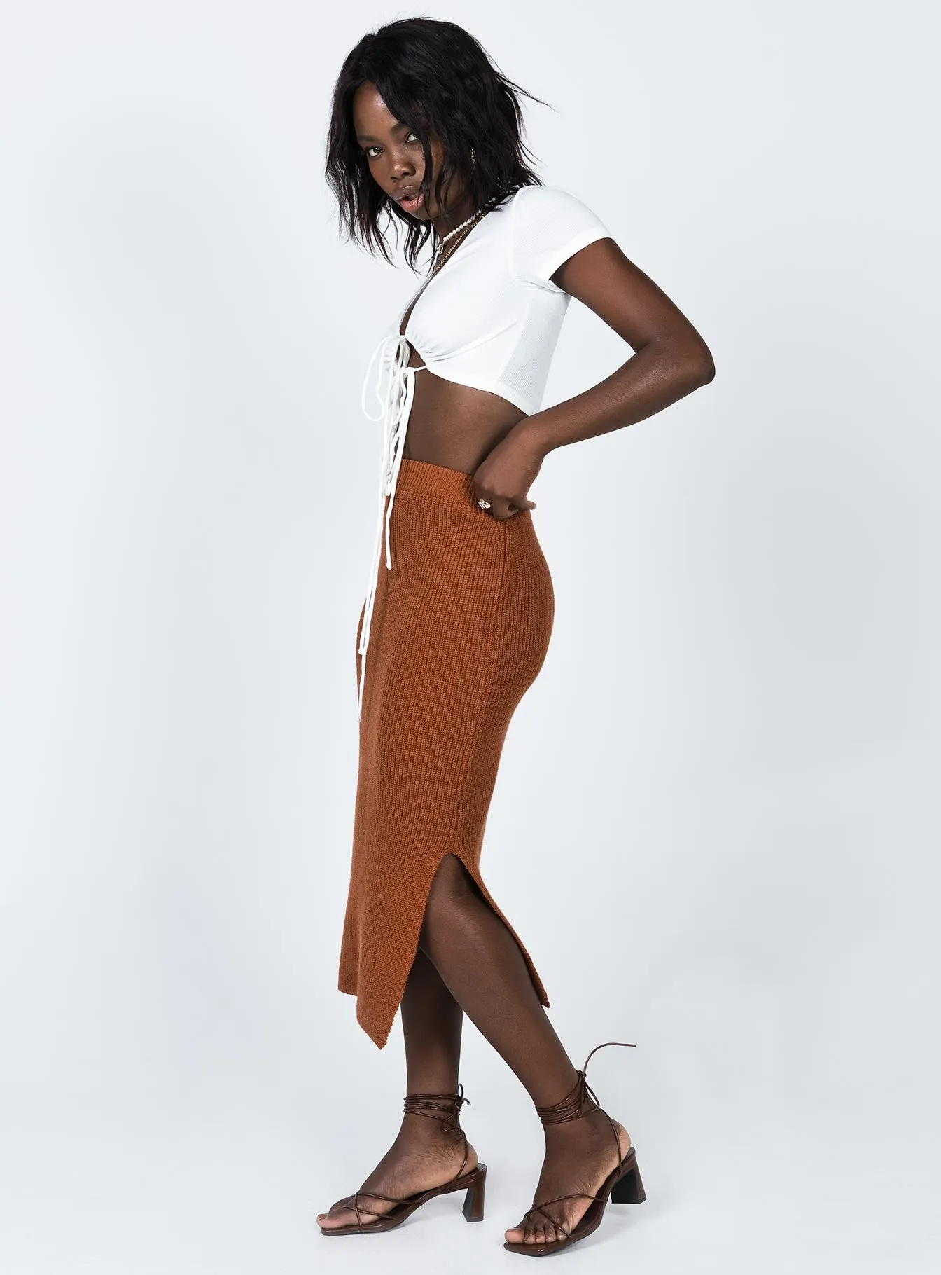 Zanna Midi Skirt Brown Chic Waistband Vibrant Edge