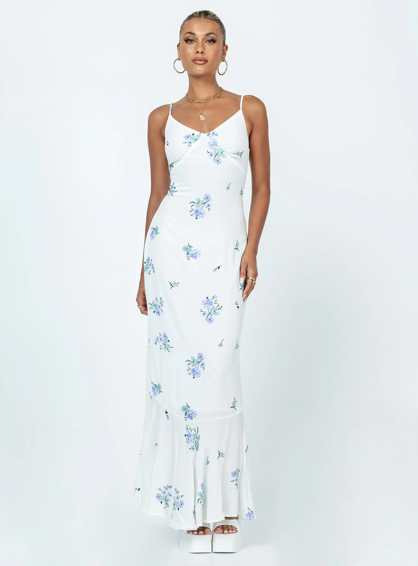 Snap-Closure Flattering Cut Wear Sing Along Maxi Dress White / Blue