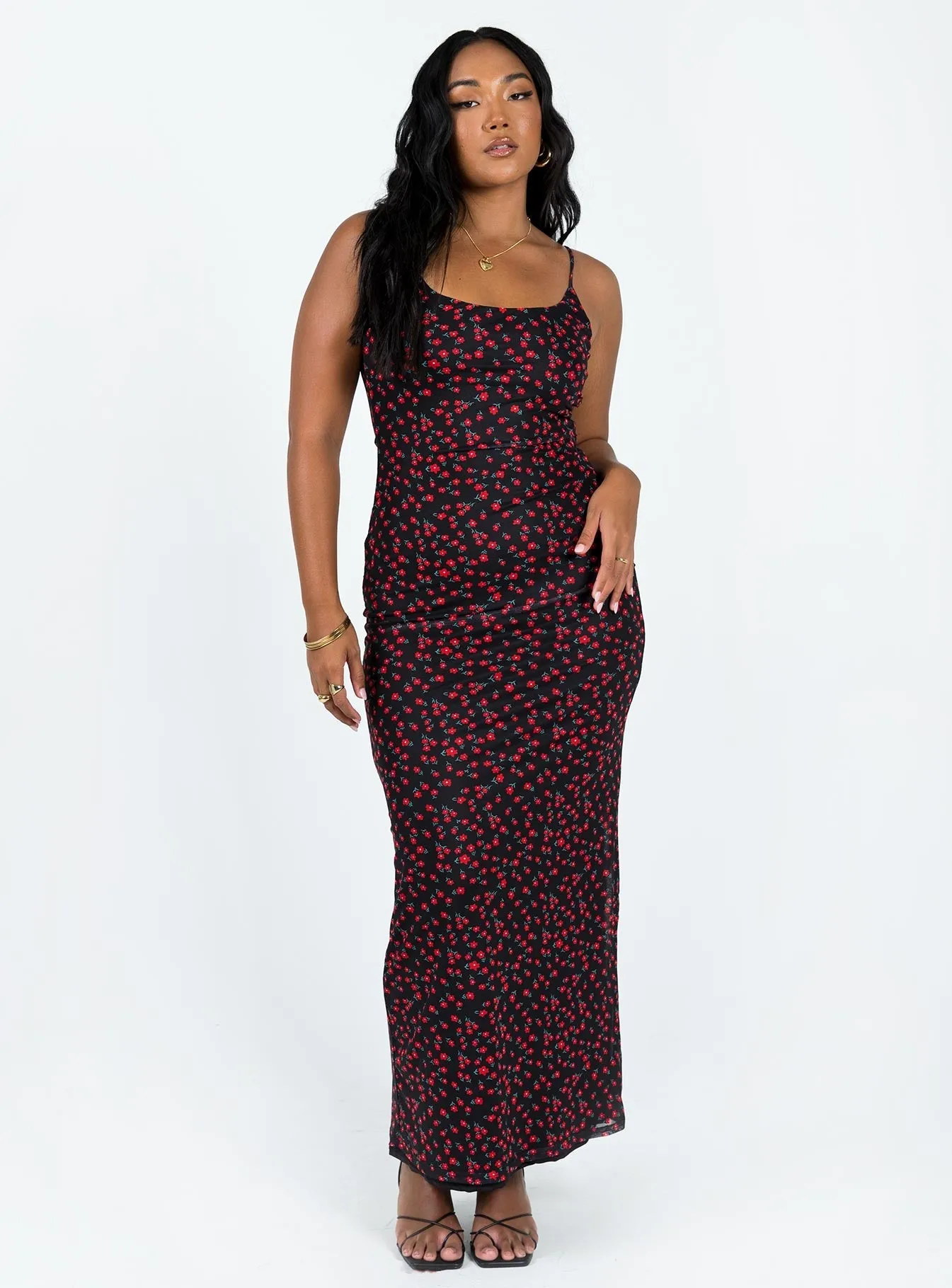 Retro Detail Bride Friend Knox Maxi Dress Black / Red Floral