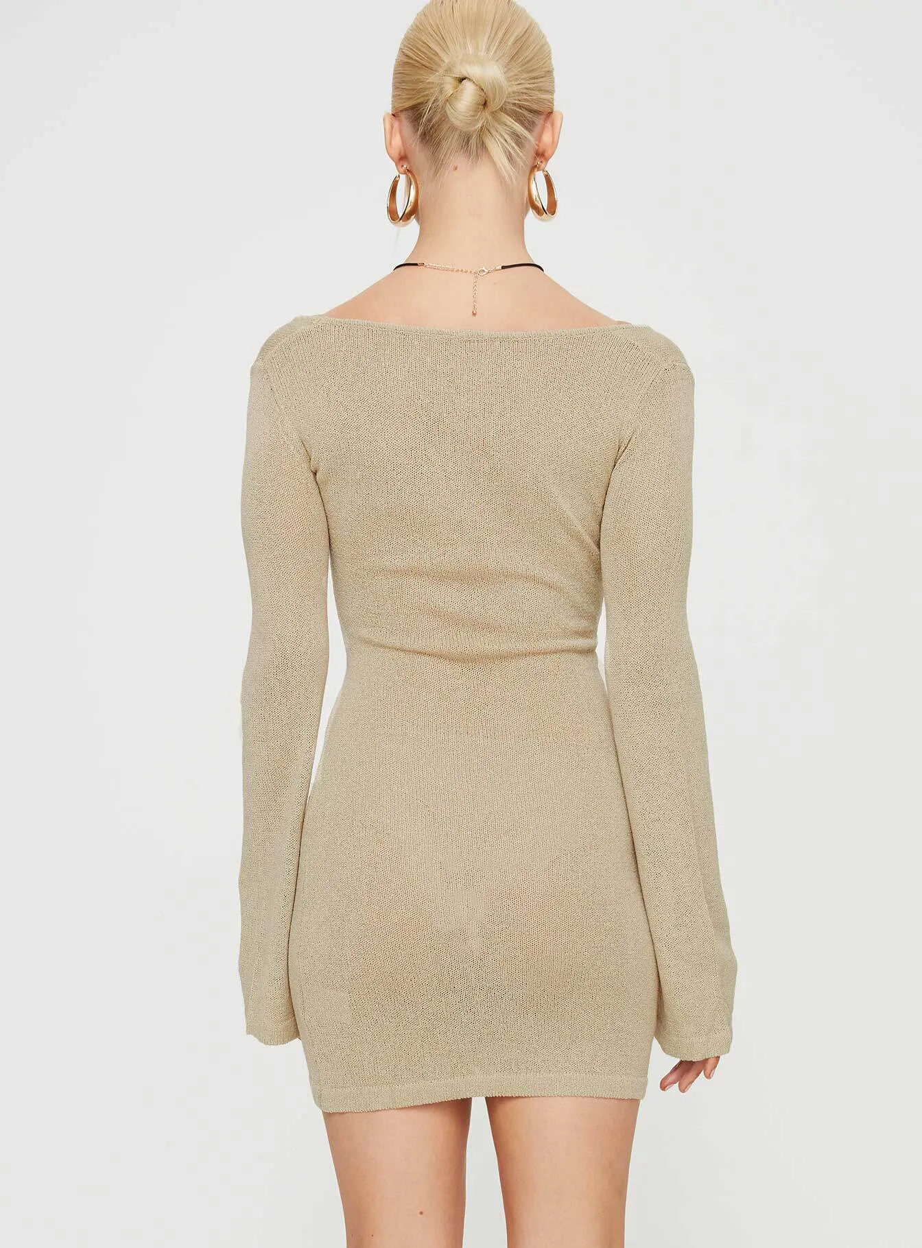 Balart Long Sleeve Mini Dress Beige Collar Accent