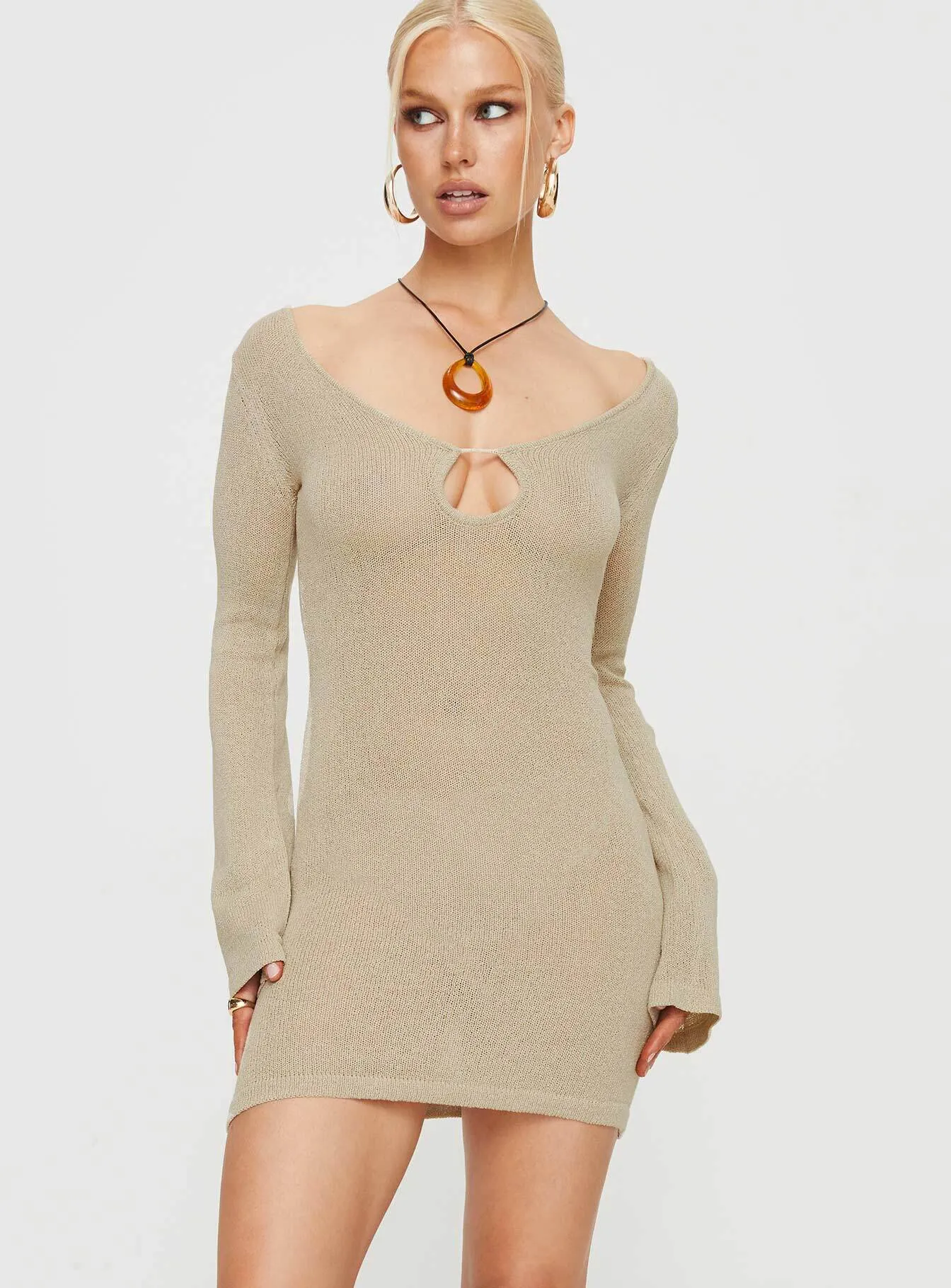 Balart Long Sleeve Mini Dress Beige Versatile Style Wear Fresh Form