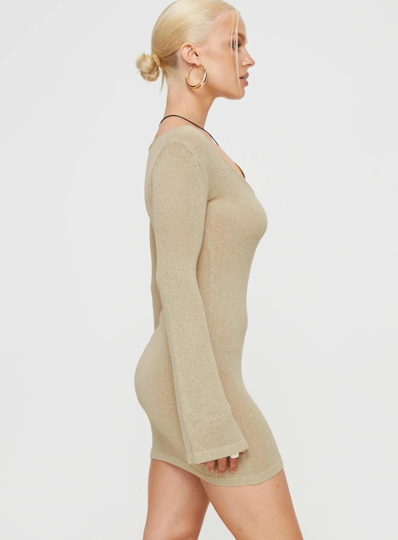 Balart Long Sleeve Mini Dress Beige Soft fabric piece Hidden-Pocket