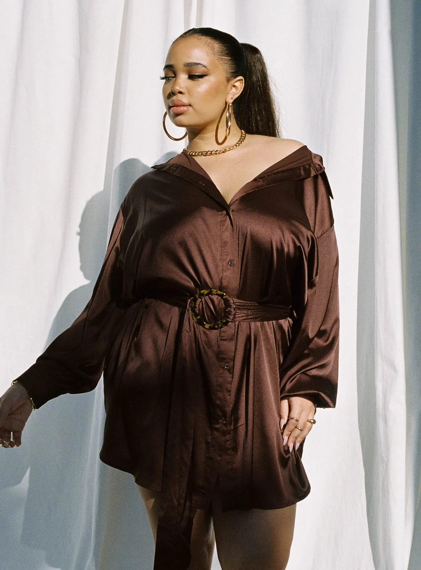 Embroidered Fabric Leighton Mini Dress Brown Curve