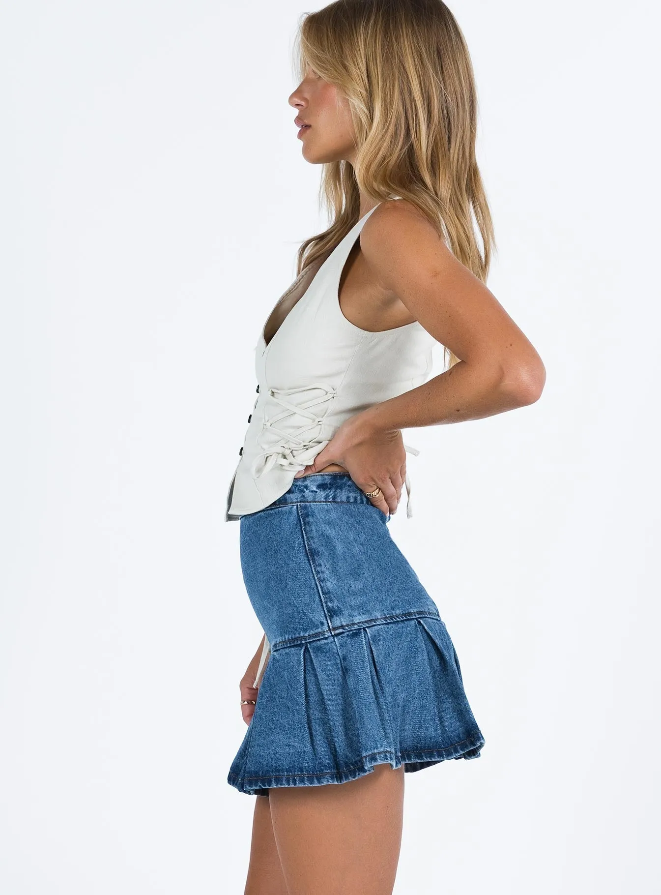Rescue Me Pleat Mini Skirt Denim Faux Leather