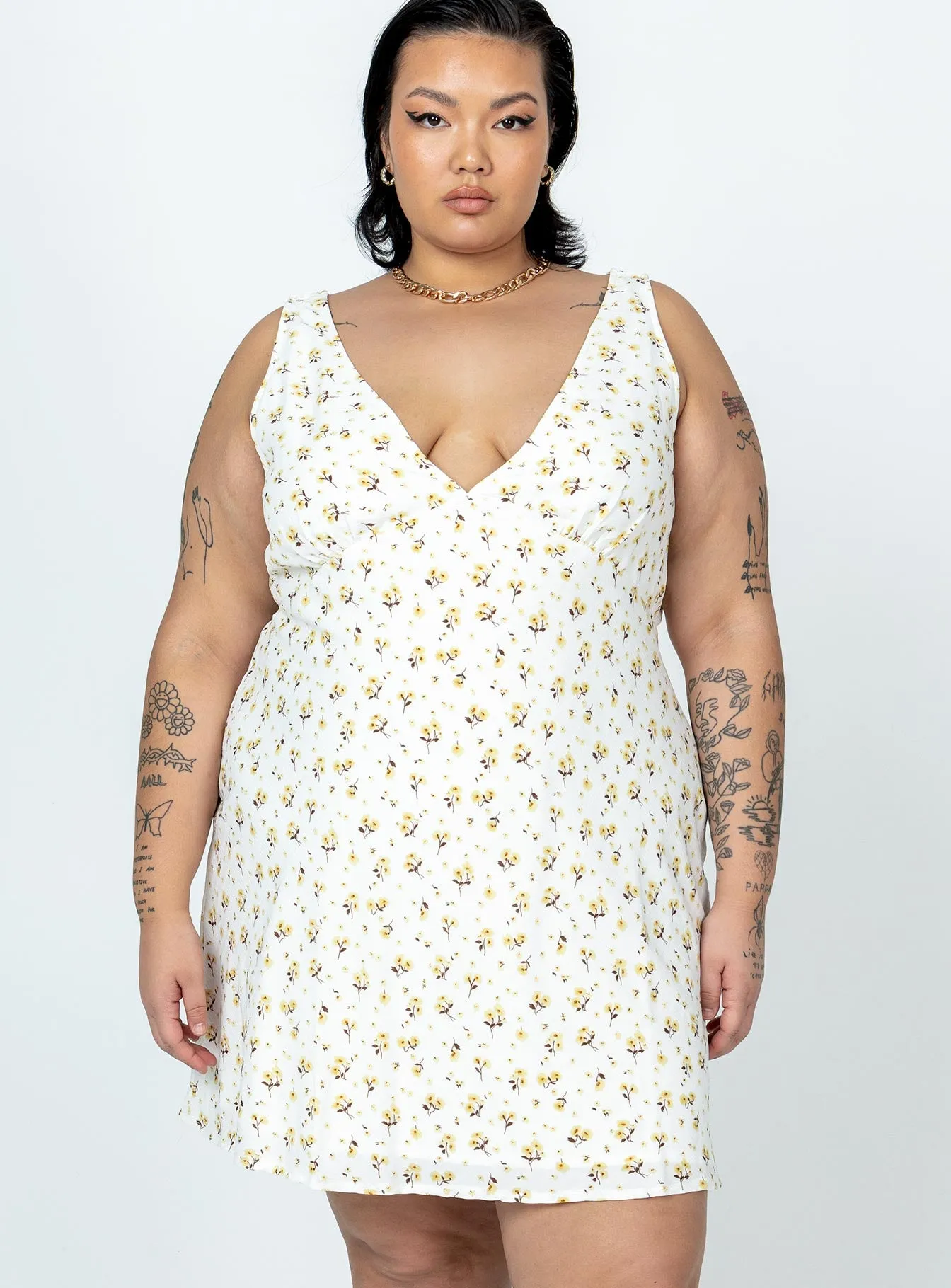 flowy style Nellie Mini Dress White / Yellow Floral Curve