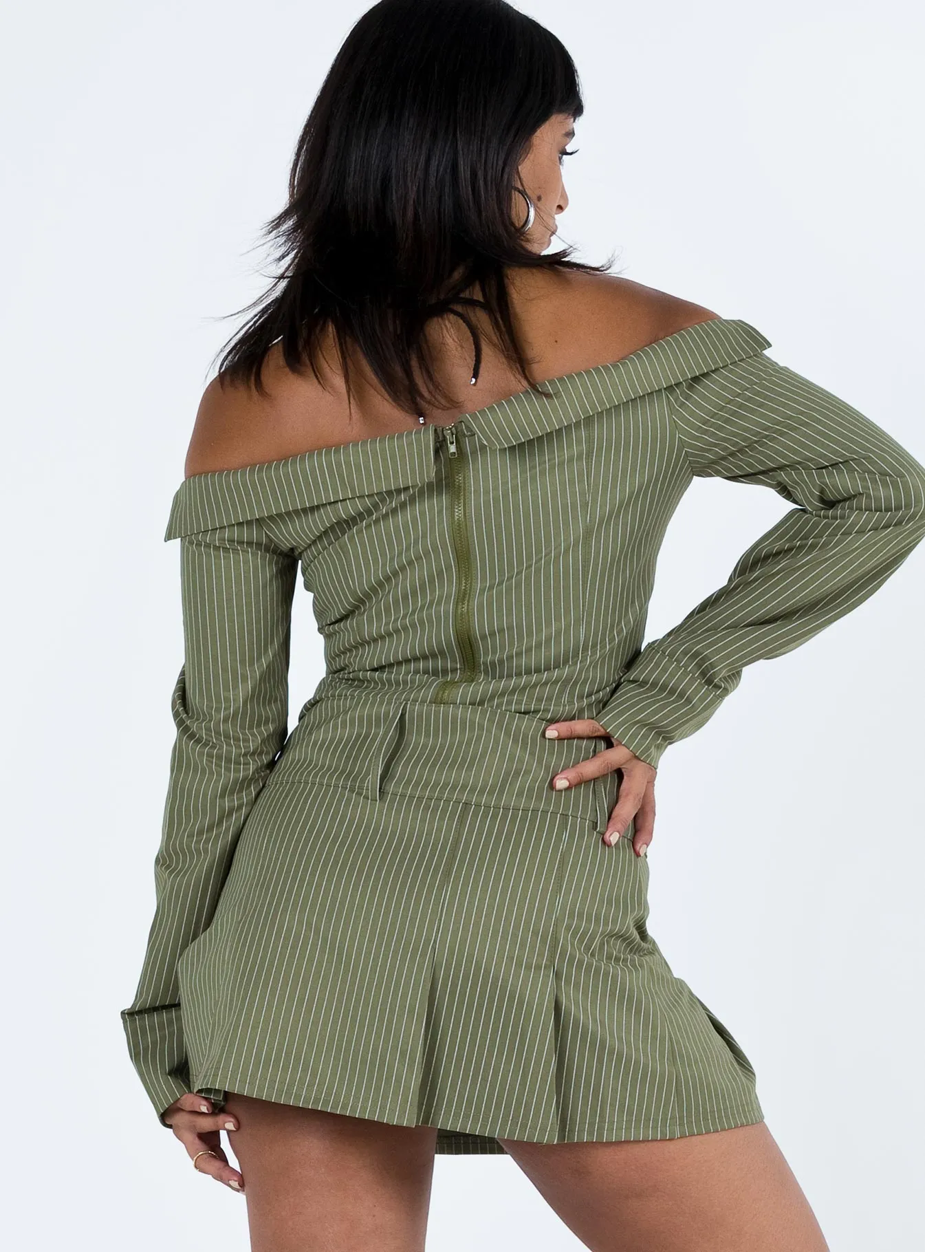Inverted Pleats Limited Release Valentina Cargo Mini Skirt Green Pinstripe
