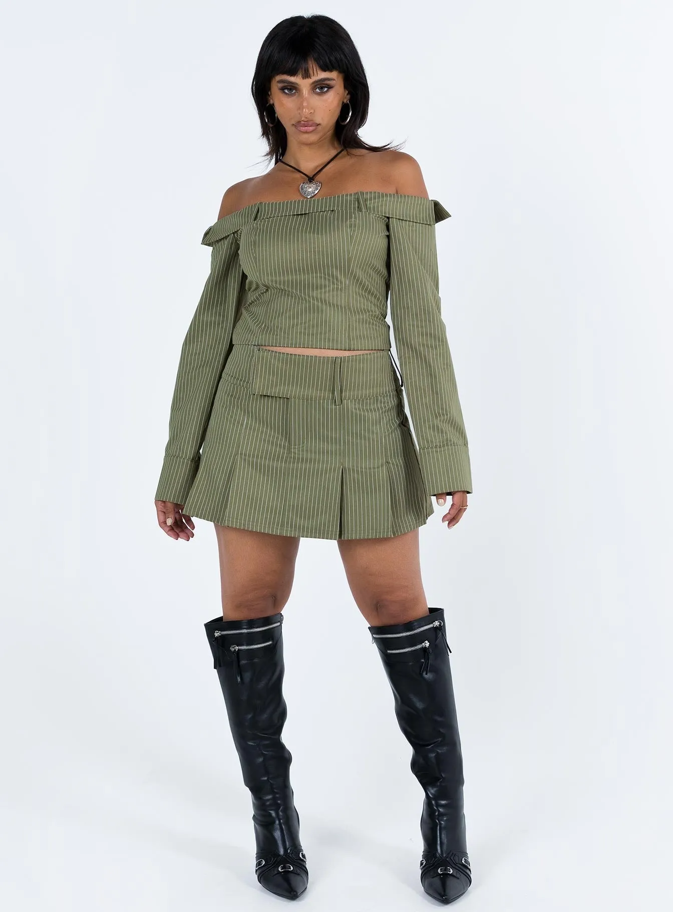 Valentina Cargo Mini Skirt Green Pinstripe Travel Influence Vibrant color