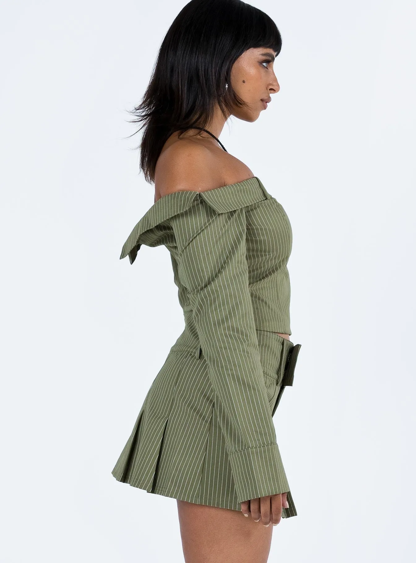 Valentina Cargo Mini Skirt Green Pinstripe Outfit Focus