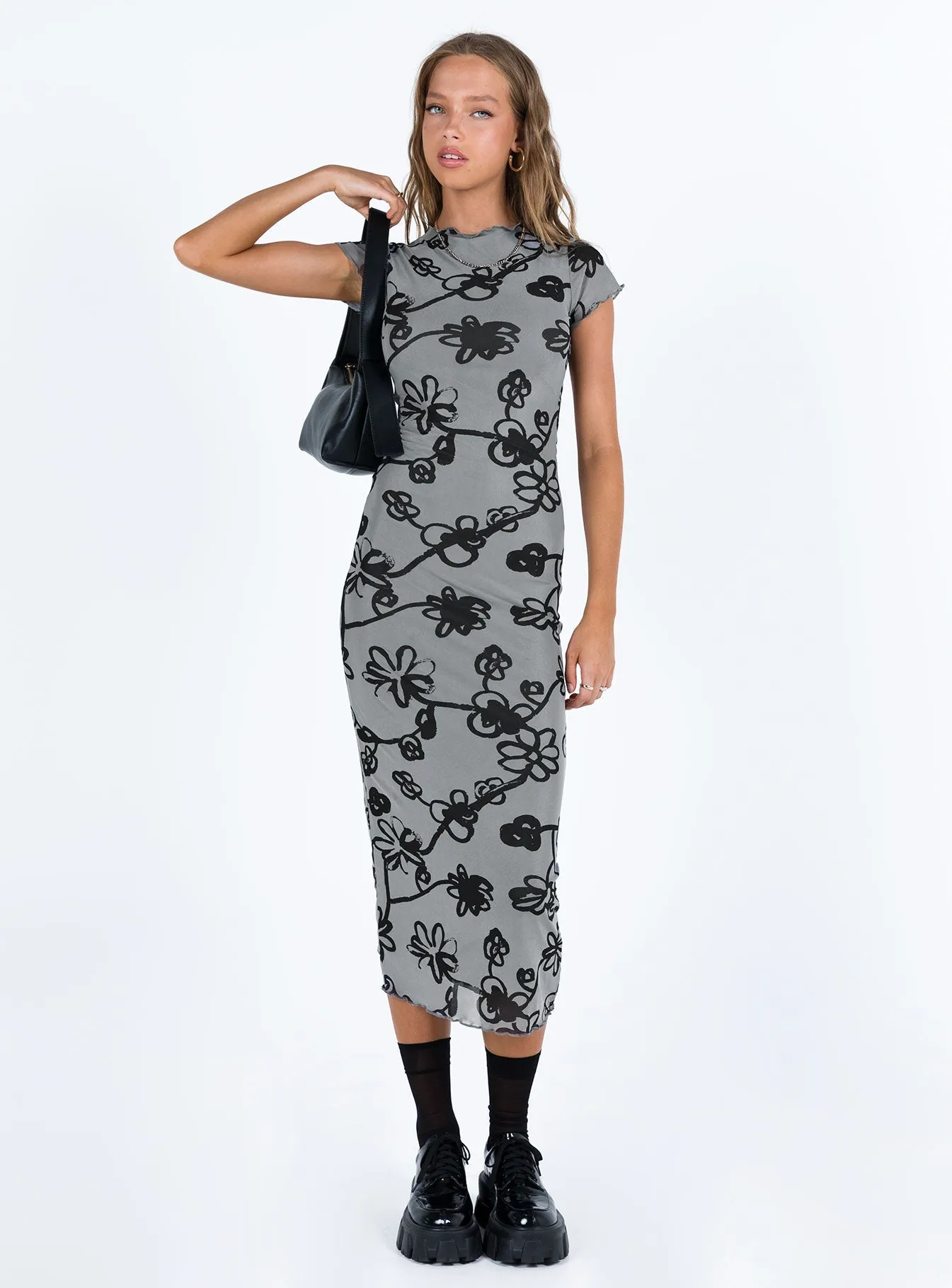 Polished Edge Front Ruffle Maruza Midi Dress Grey Floral