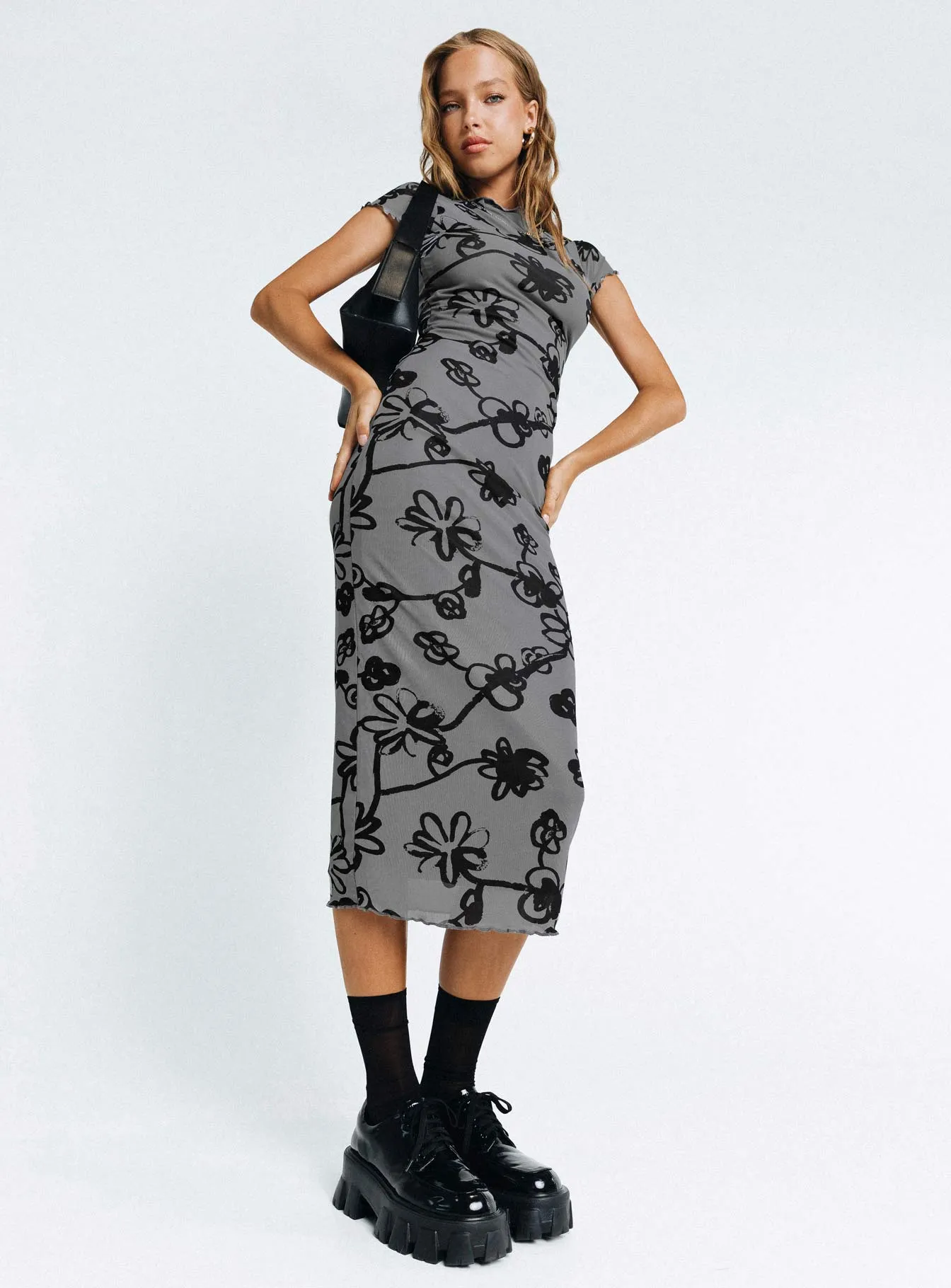 Maruza Midi Dress Grey Floral Lightweight Layer