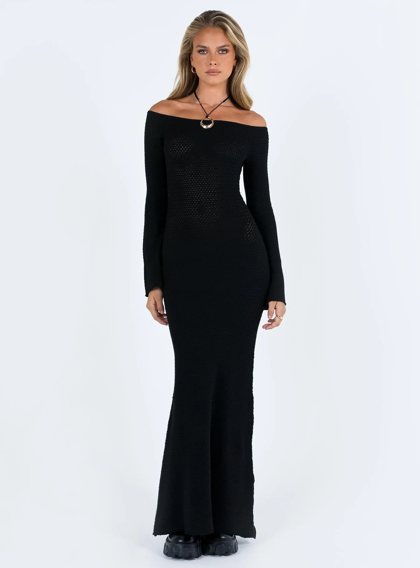 Subtle Glam Devyn Off The Shoulder Maxi Dress Black
