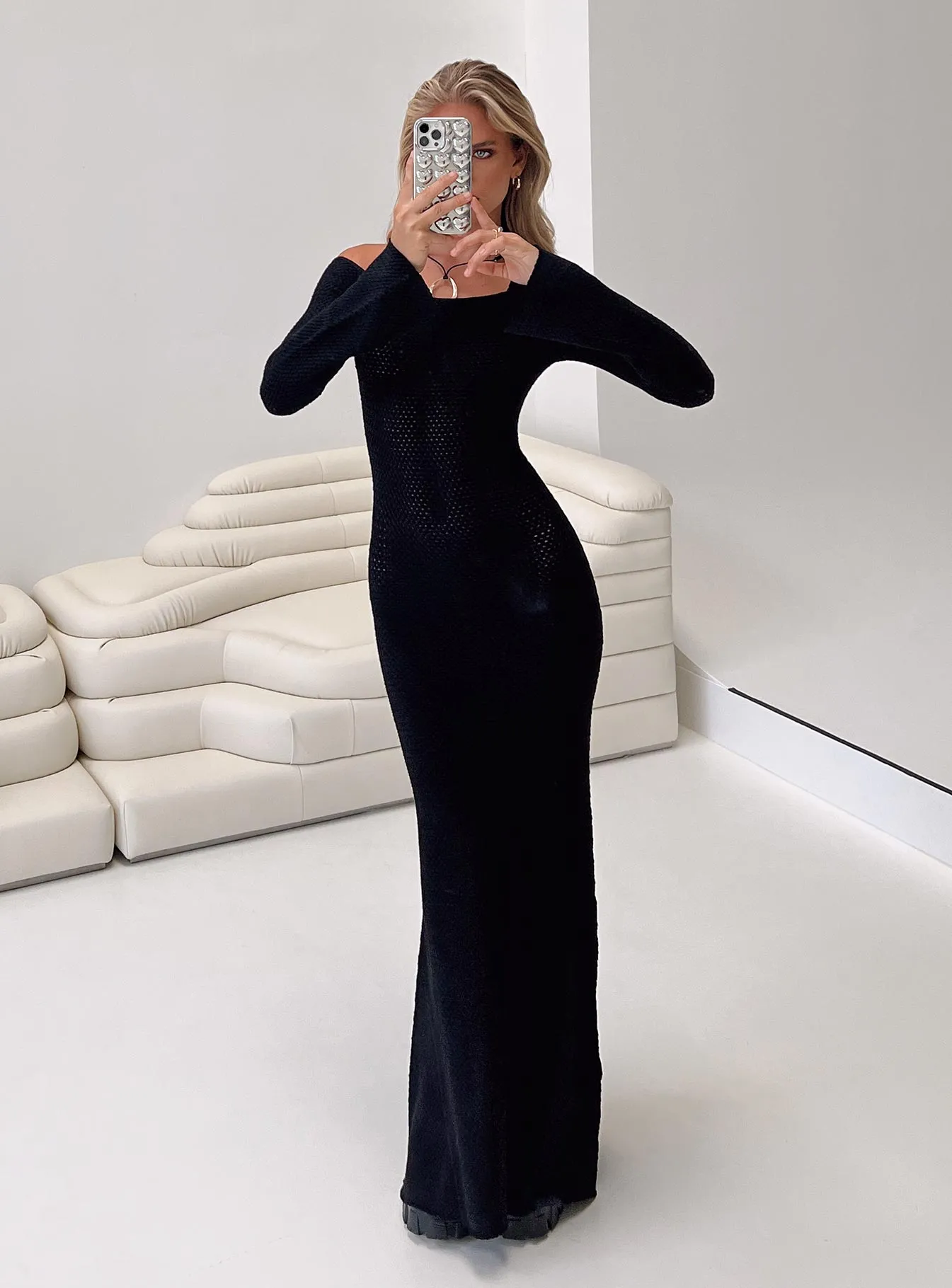 Gentle Look High Hemline Devyn Off The Shoulder Maxi Dress Black