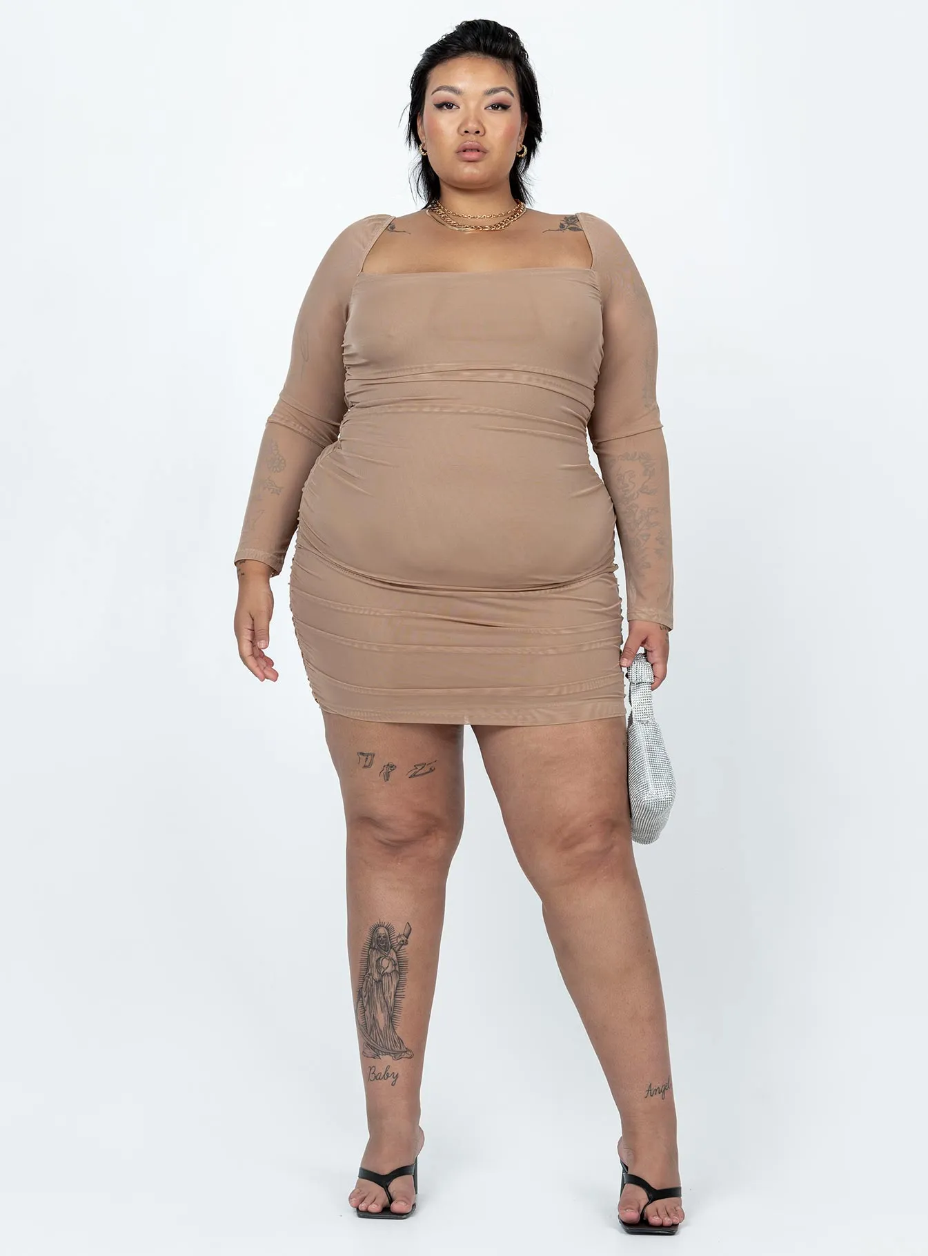 Charvi Long Sleeve Mini Dress Tan Curve Sculpted Fit