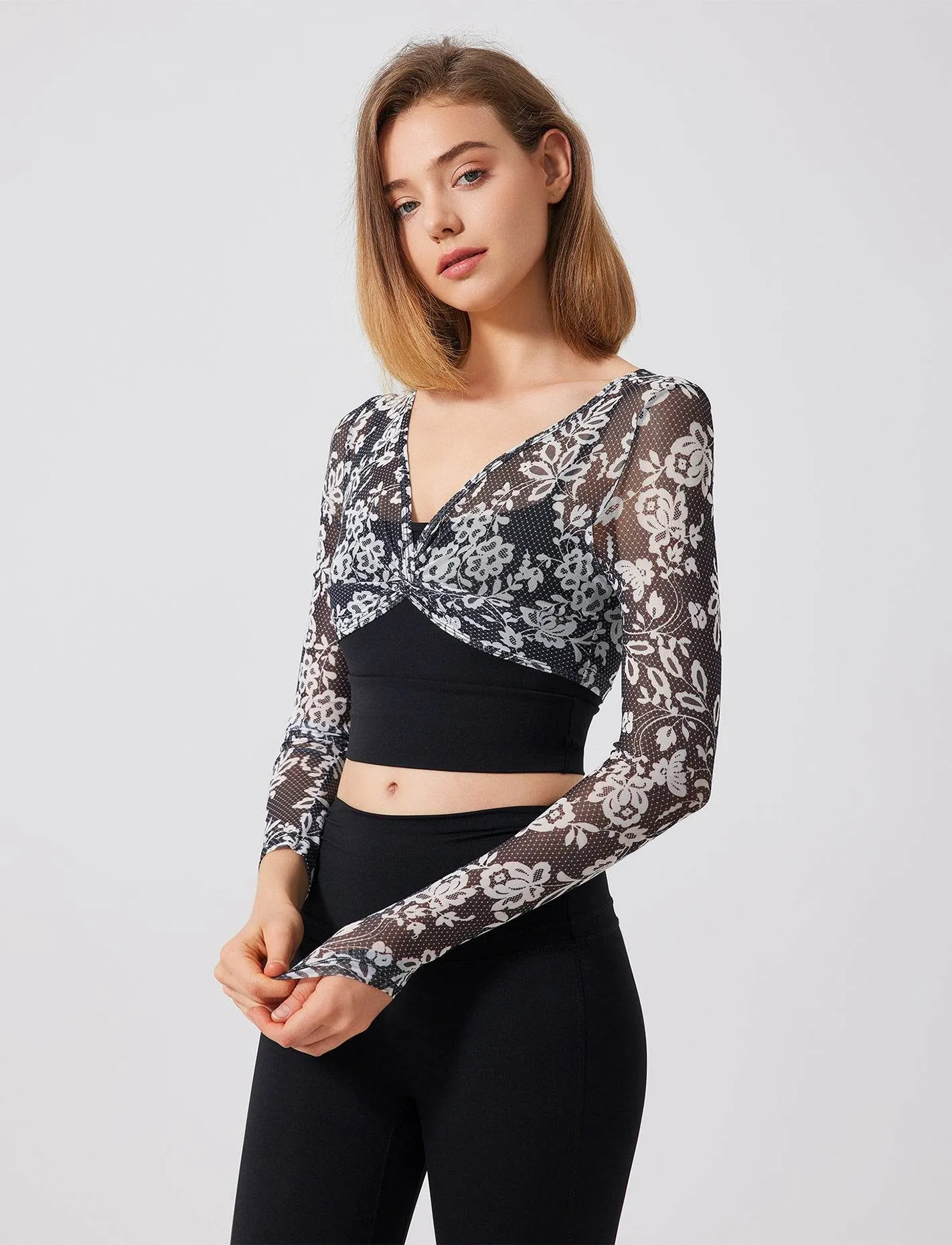 Floral Print Long Sleeve Workout Mesh T-Shirt Myth Soul