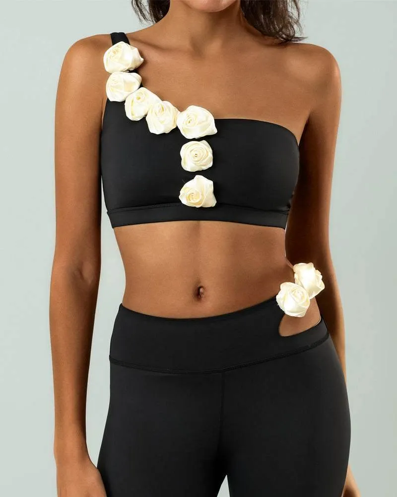 One Shoulder Yoga Bra With Flowers NonIrritating Functional Design