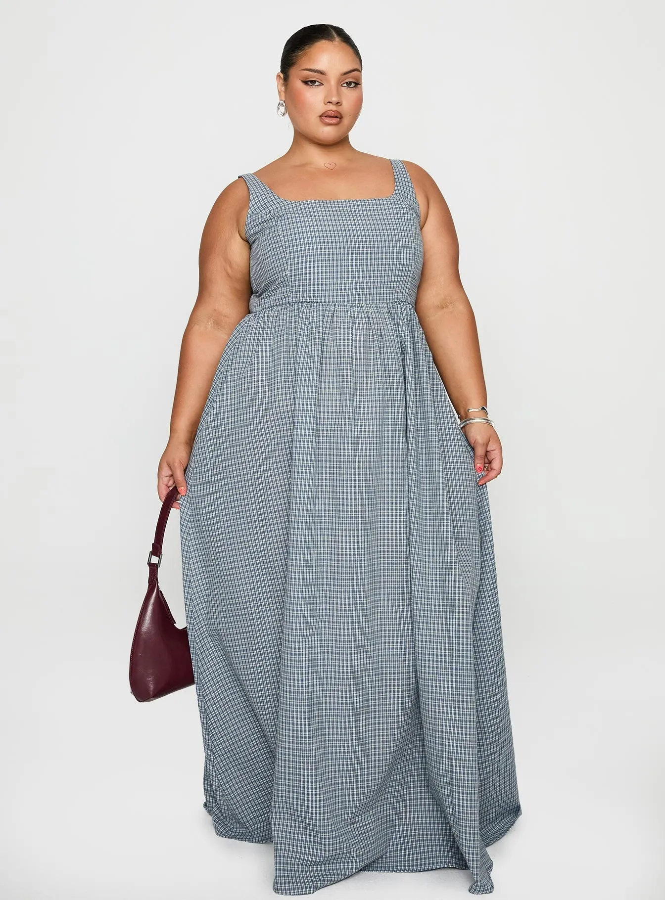 Matte-finish Summer Ease Cartmel Check Maxi Dress Navy Curve