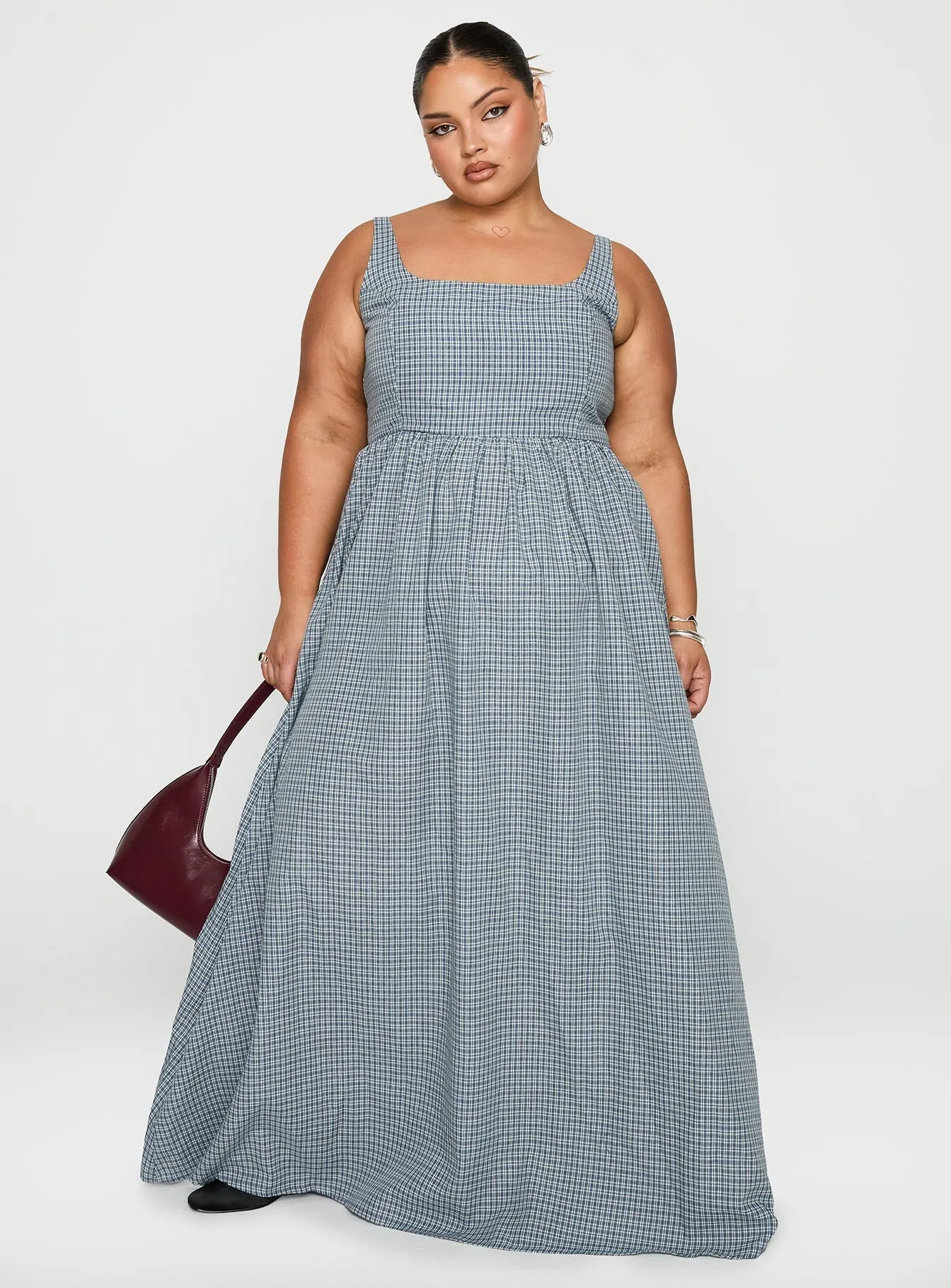 Soft Gradient Cartmel Check Maxi Dress Navy Curve