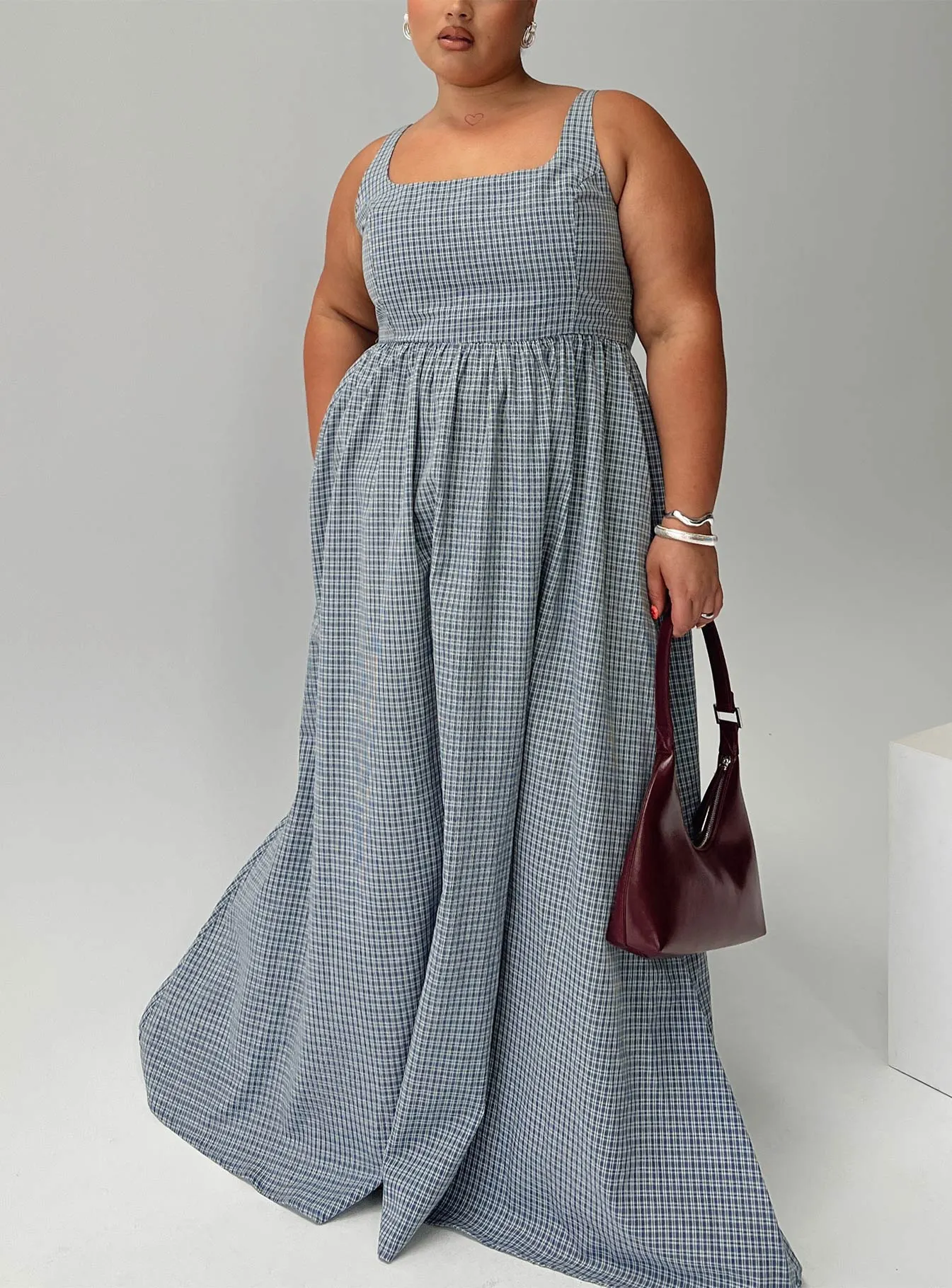 Eco-friendly Plus Fit Cartmel Check Maxi Dress Navy Curve
