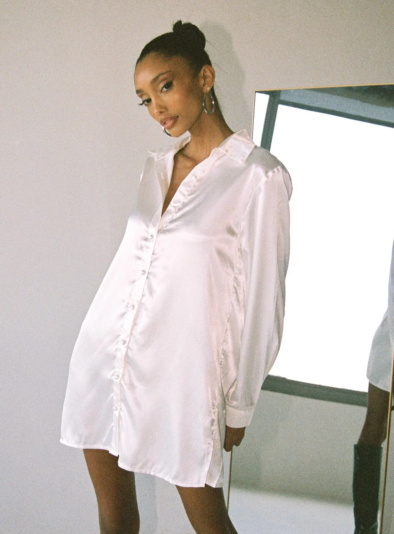 90210 Satin Shirt Mini Dress White Clean Grace