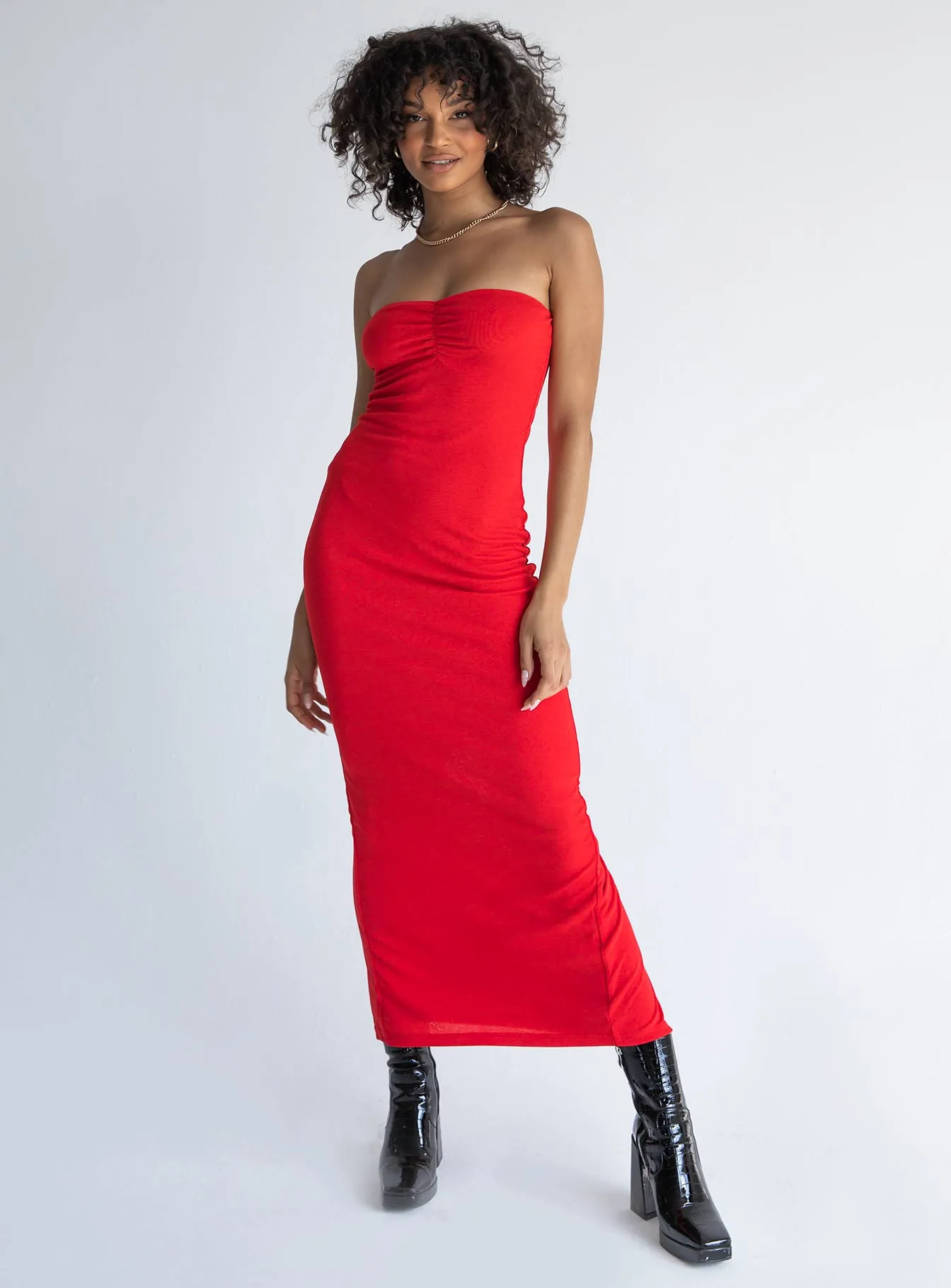 Elegant Fabric Chic and Flattering Charm Strapless Midi Dress Red