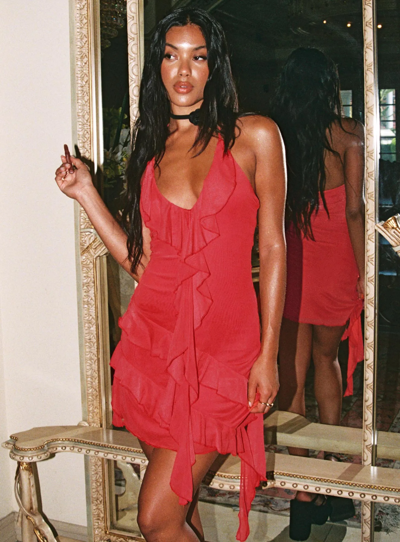 Flattering Waist Social Charm Fig Ruffle Mini Dress Red