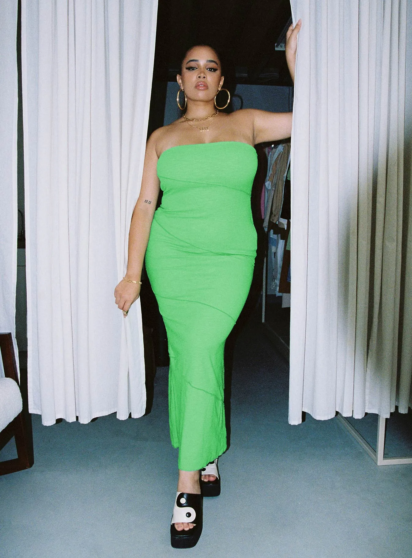 Oscar Midi Dress Green Curve Ribbed-Texture