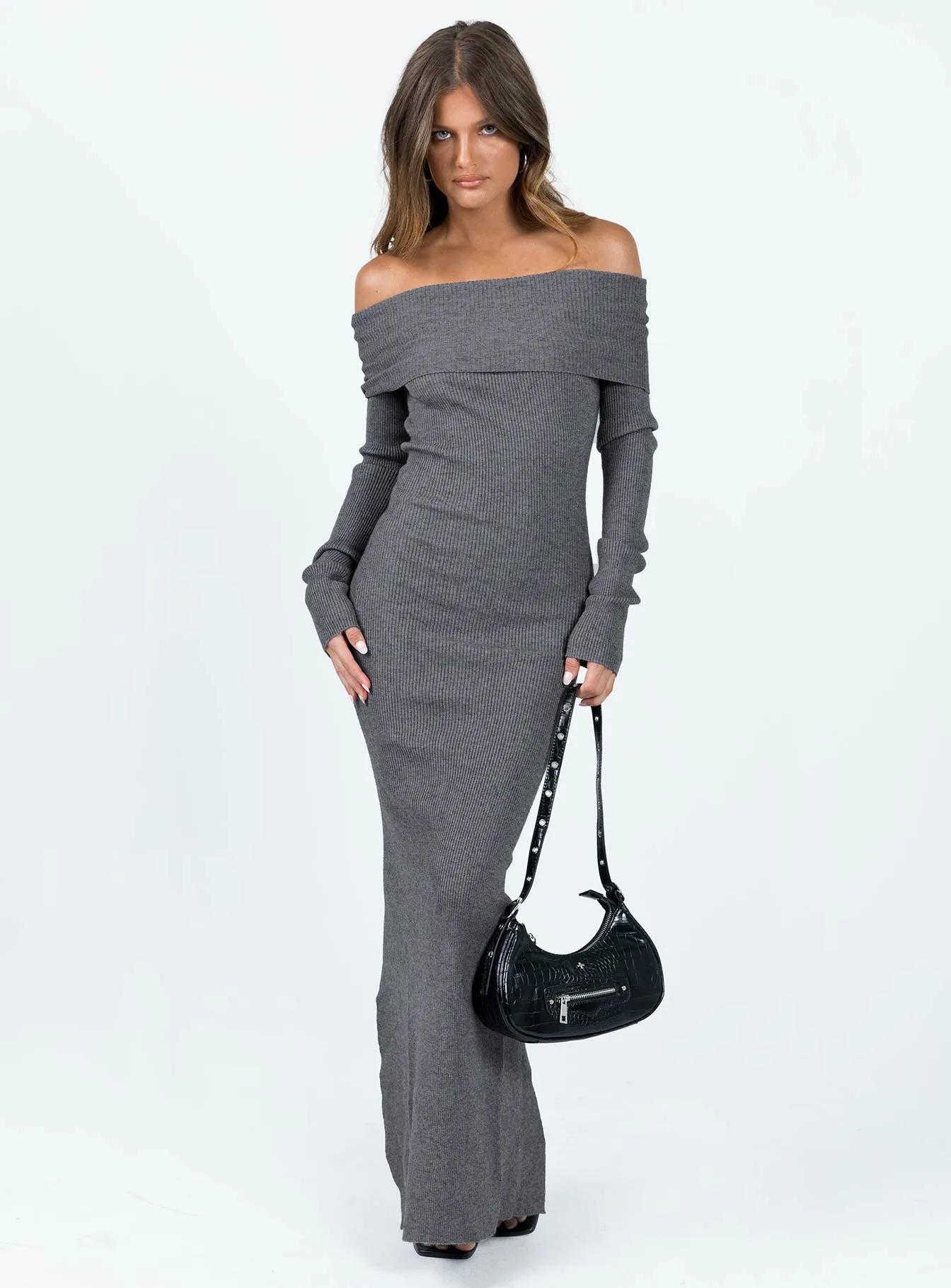 Vibrant Tone Sleek and Sleek Phylis Off The Shoulder Maxi Dress Slate