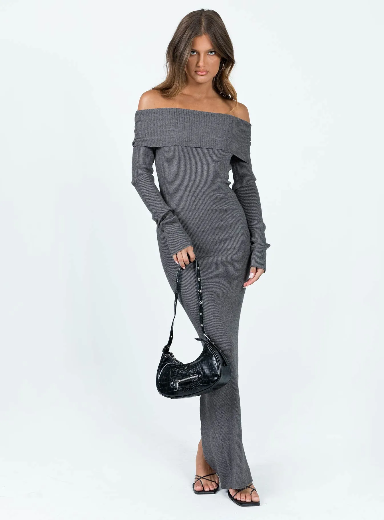 Velvet-Touch Phylis Off The Shoulder Maxi Dress Slate