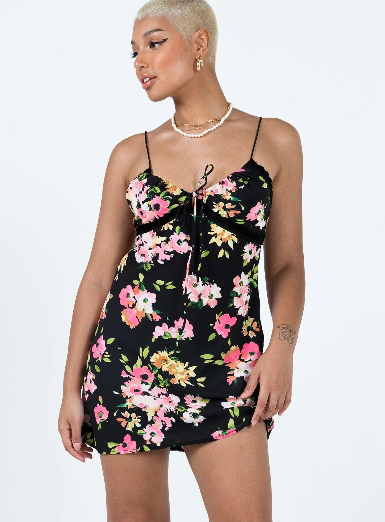 Emilee Mini Dress Black Floral Flared shape Soft and Smooth