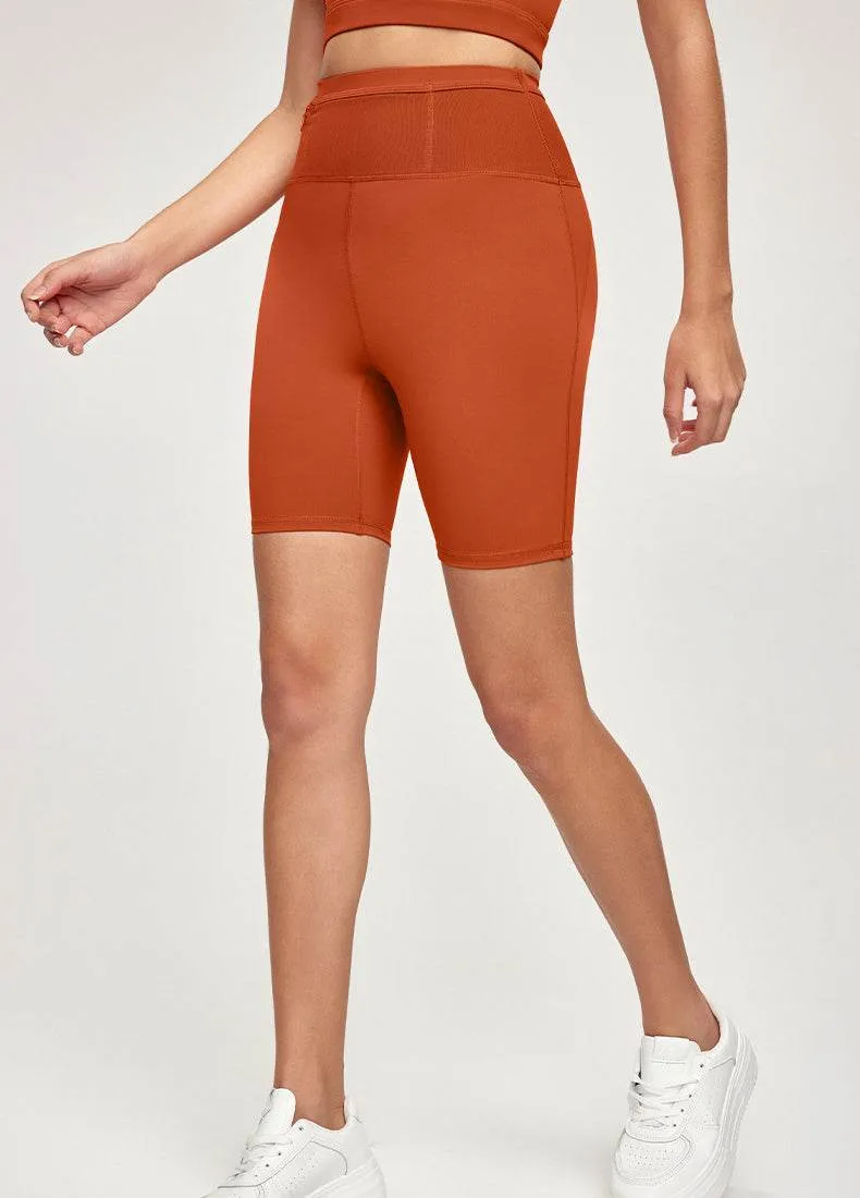 High Waisted Tummy Control Biker Shorts with Wraparound Waist Pockets Leather Core