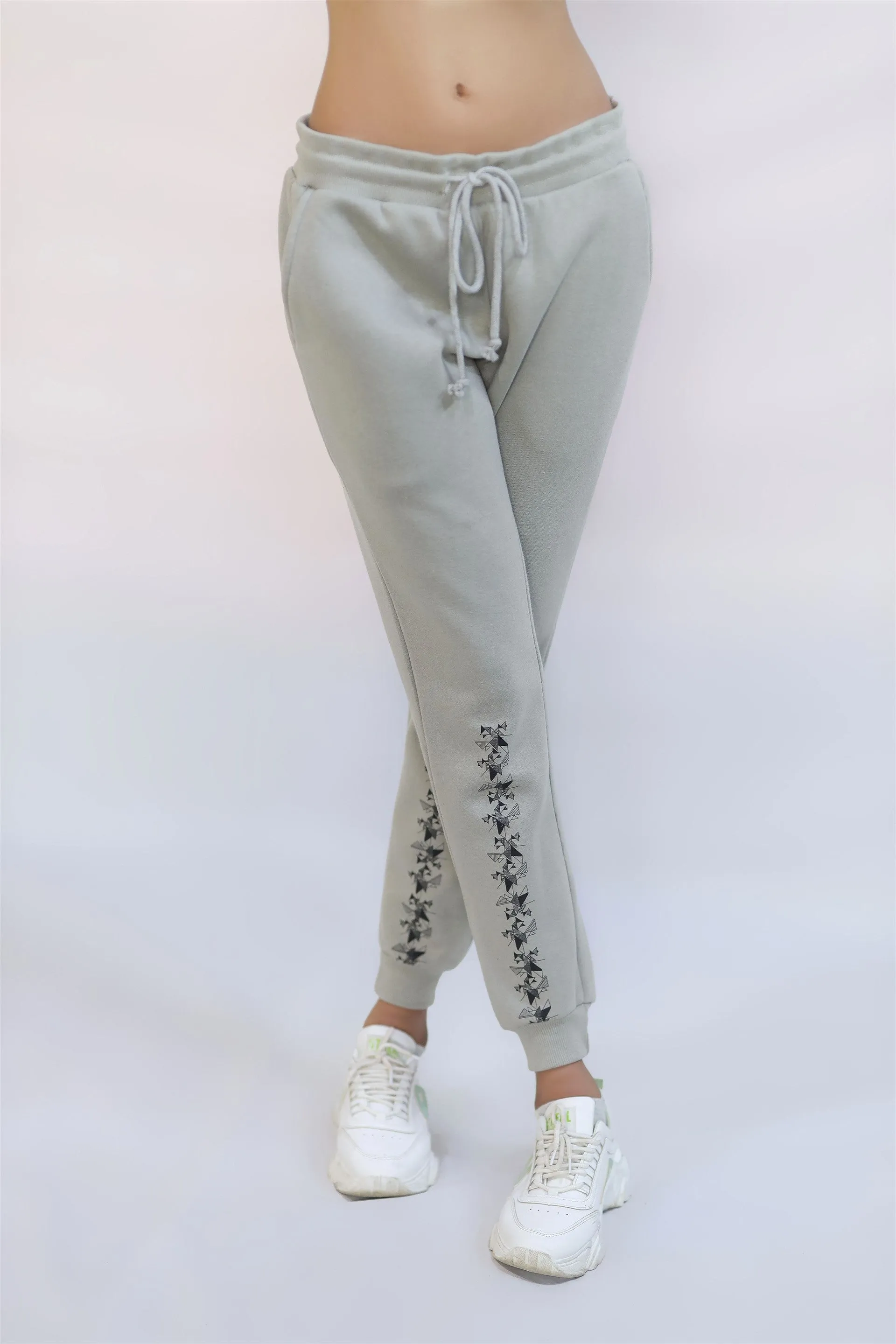 Versatile Wear COTTON KNITTED TERRY TROUSER GREY  FLOWER PRINTING