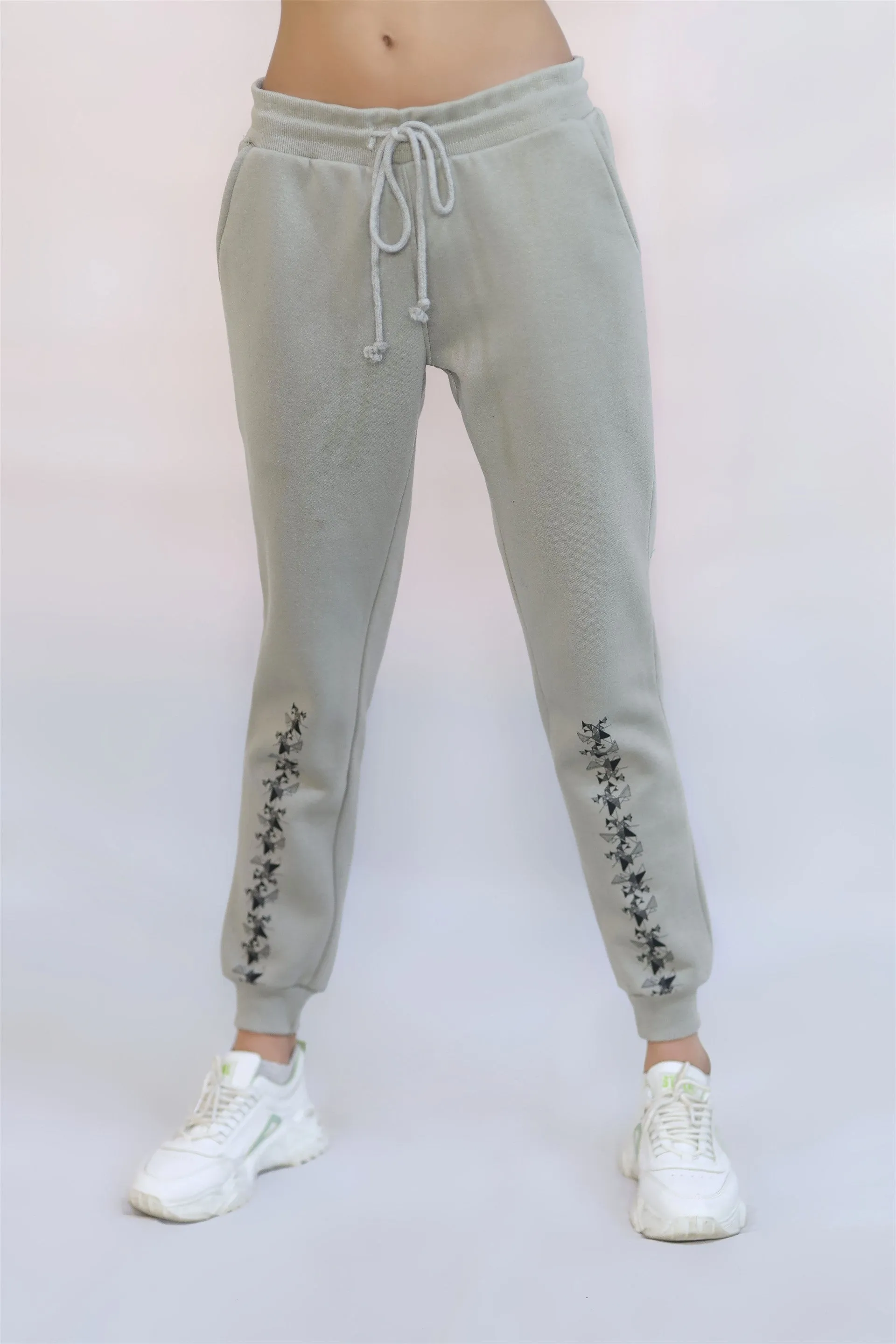 COTTON KNITTED TERRY TROUSER GREY  FLOWER PRINTING Seamless Design Comfort waistband