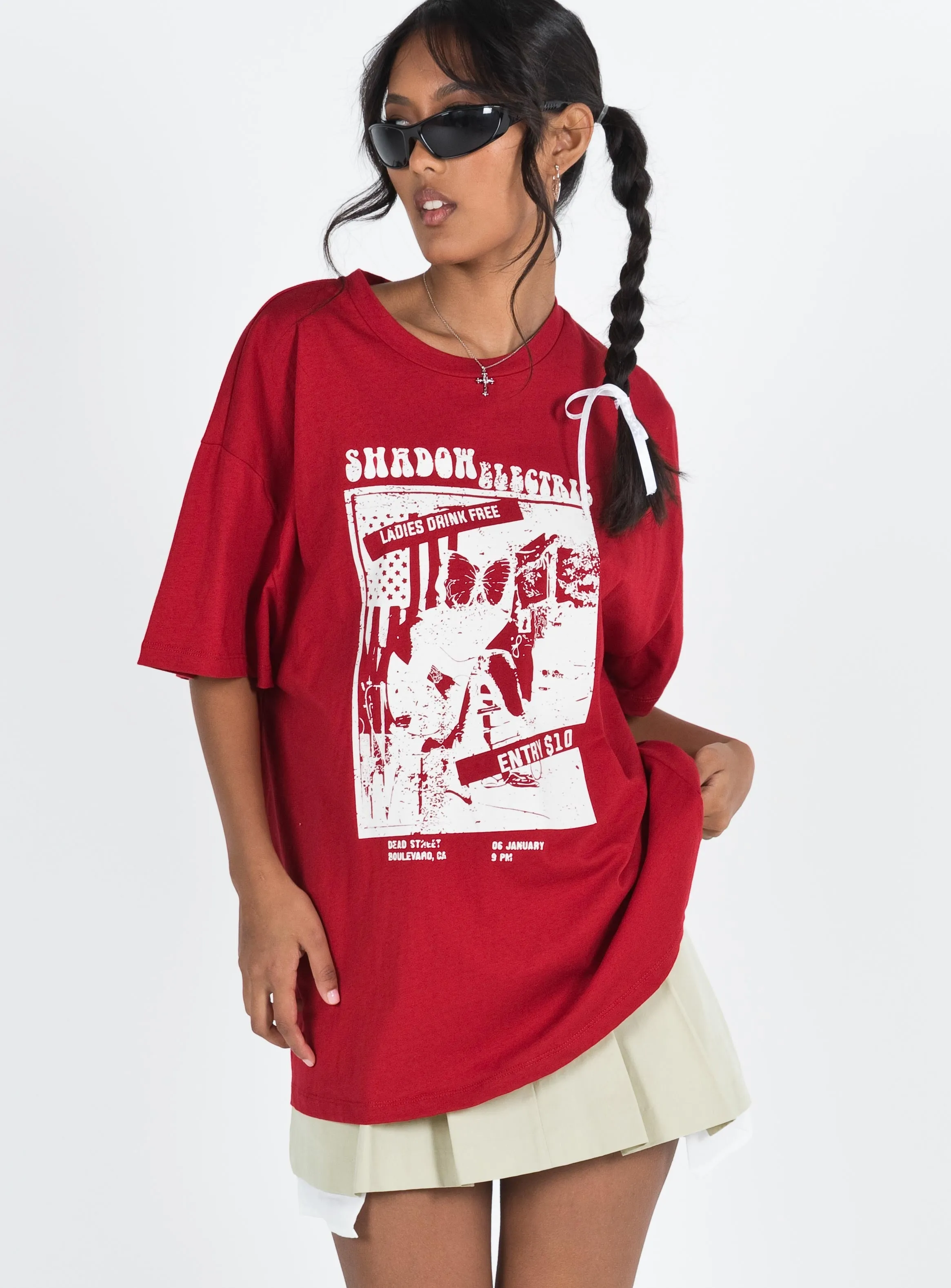 Stretchable Fabric Tickets Oversized Tee Red