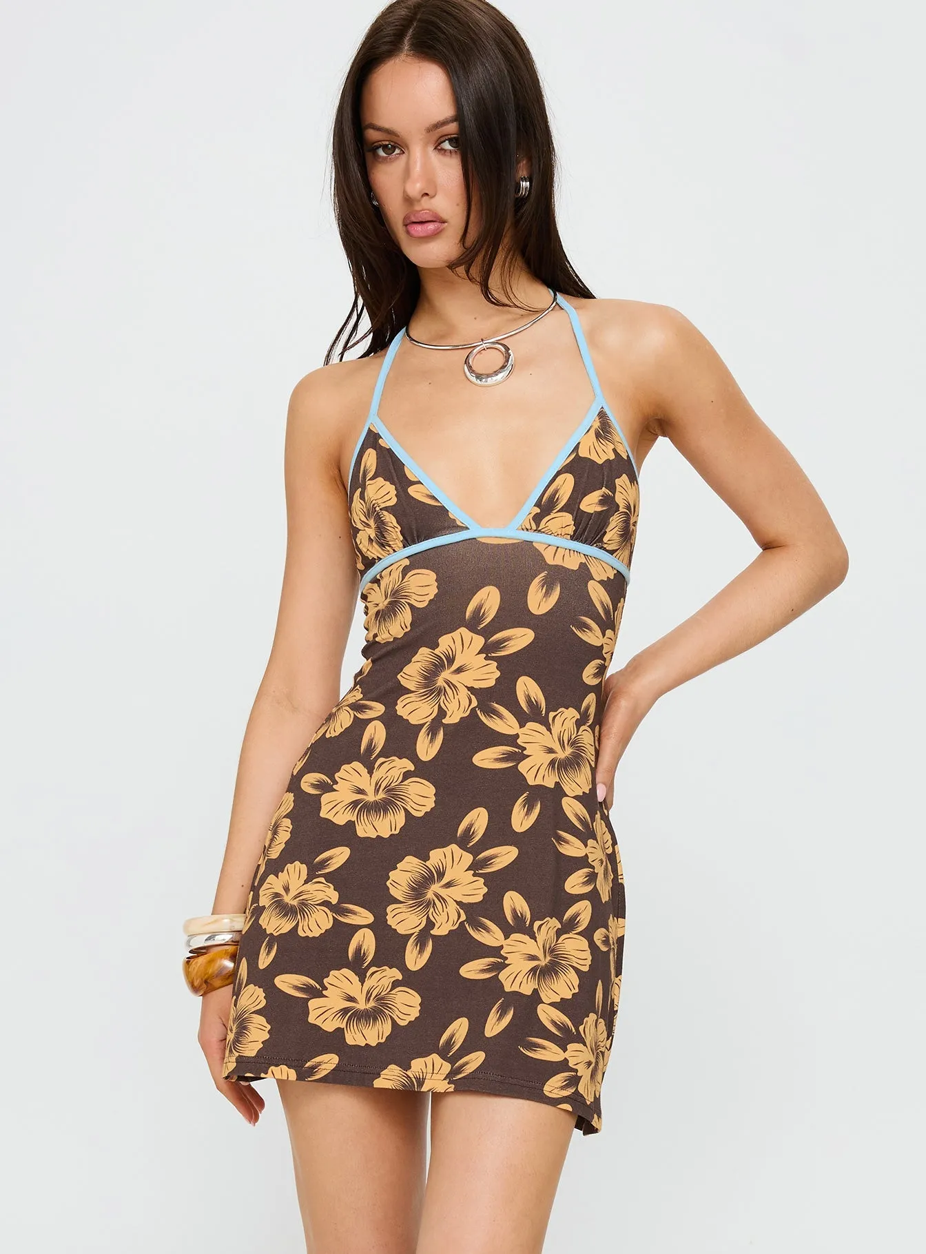Mishie Halter Mini Dress Brown / Blue Floral Pleat Breeze