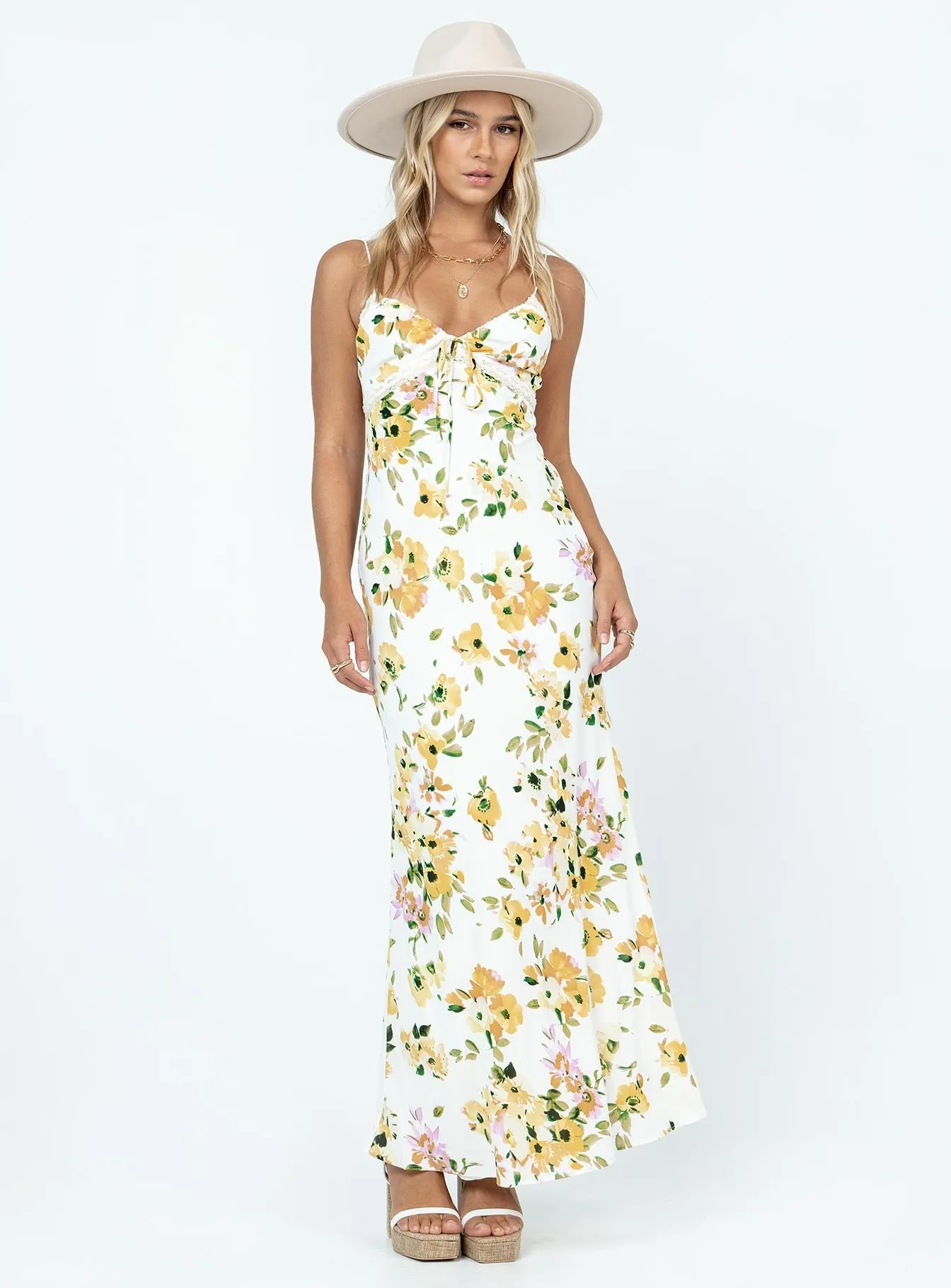 Emily Maxi Dress White / Yellow Floral High low hem Smooth Blend