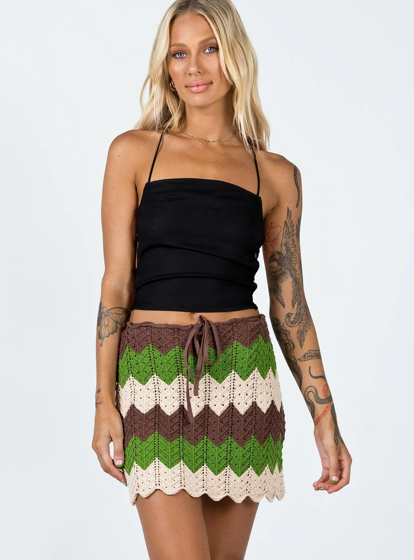 Pahoma Crochet Mini Skirt Multi muted tone Adjustable Hem