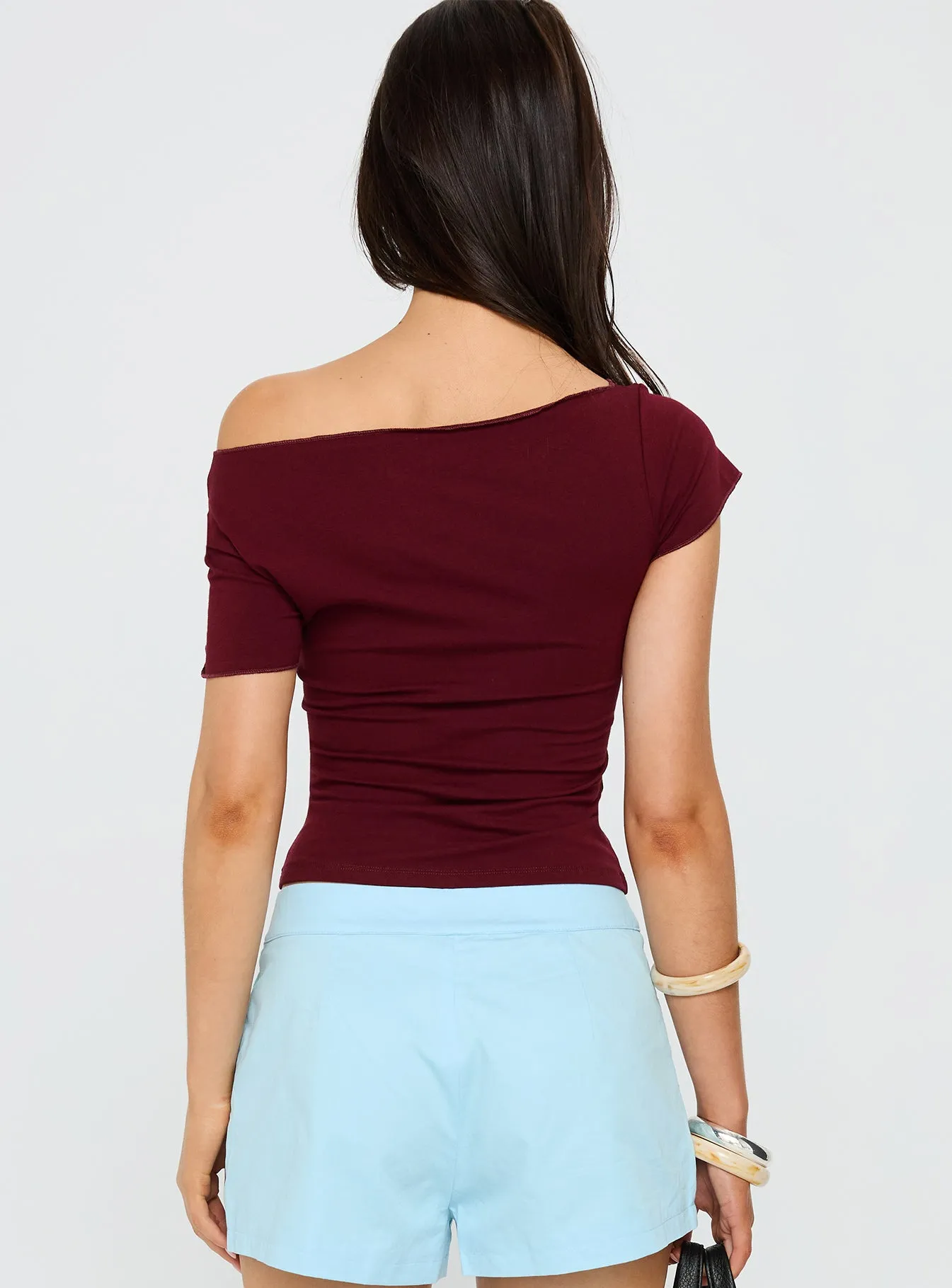Xplore 97 Off Shoulder Graphic Top Burgundy sequined details