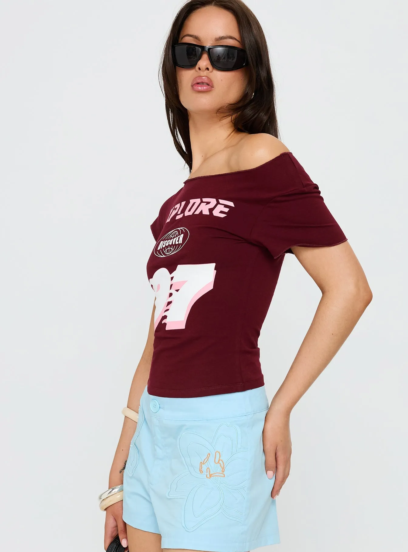 Xplore 97 Off Shoulder Graphic Top Burgundy DurableStitching SeamlessSidePanels