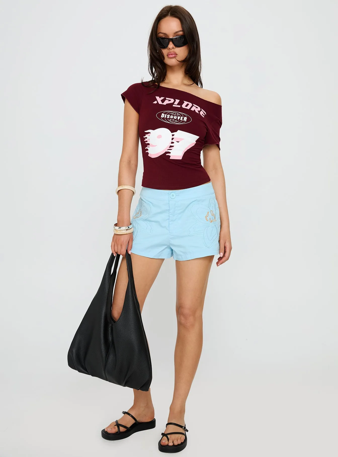 Xplore 97 Off Shoulder Graphic Top Burgundy Tight Fit
