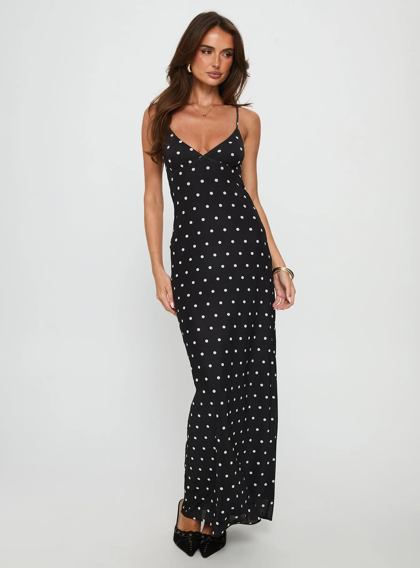 Confident Touch Glass Half Full Mesh Maxi Dress Black Polka