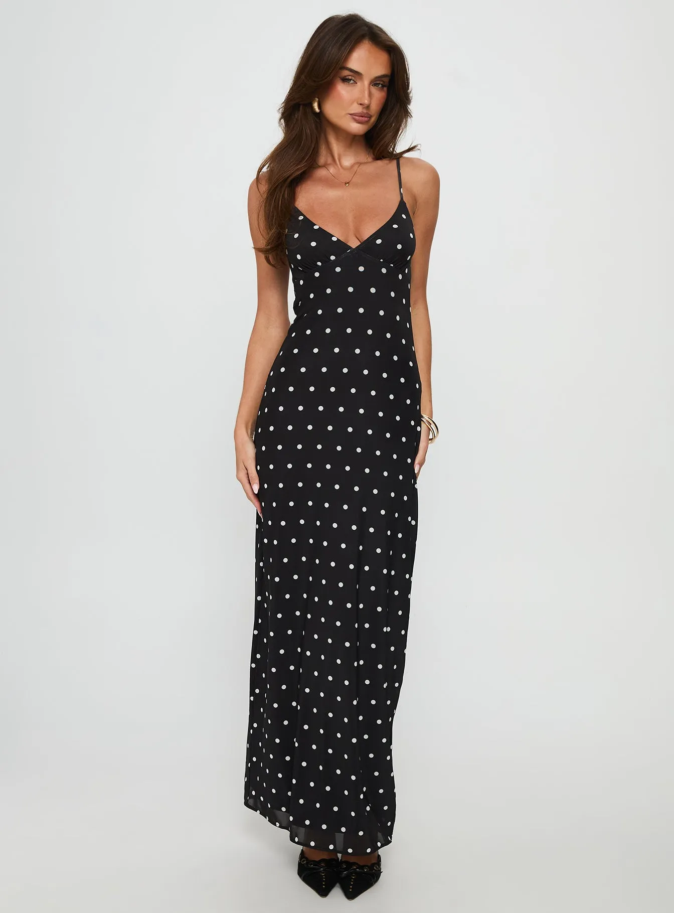 Glass Half Full Mesh Maxi Dress Black Polka Clean Lines Daily Essential