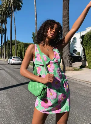 Quincy Mini Dress Green / Pink Floral Elegant Waist